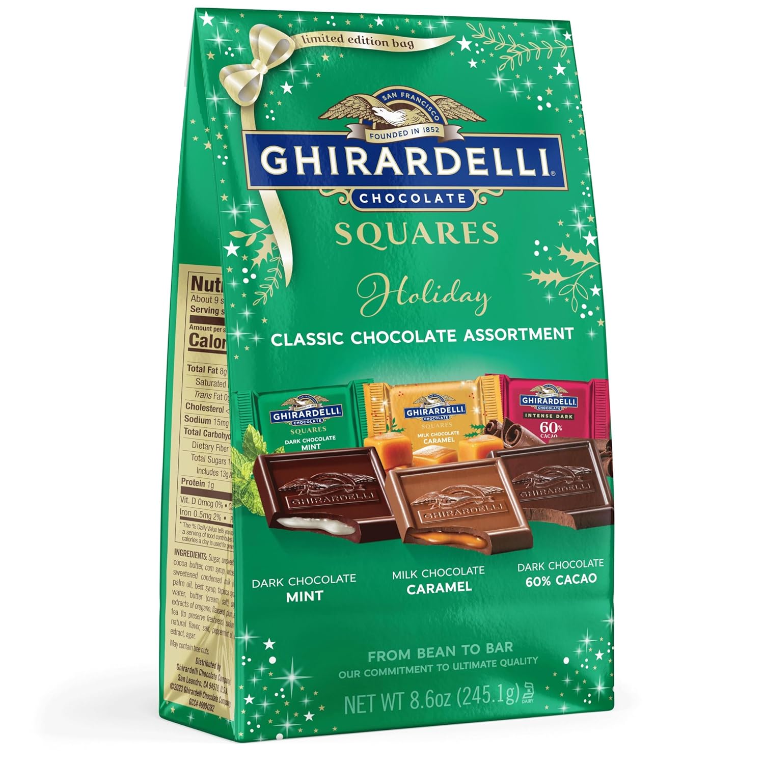 Ghirardelli Holiday Classic Chocolate Assortment Squares, 8.6oz - Limited Edition Milk Caramel, Dark Mint & 60% Cacao, Individually Wrapped