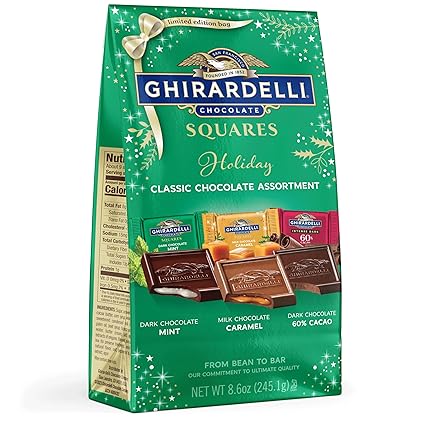 GHIRARDELLI Holiday Classic Chocolate Assortment SQUARES – Limited Edition Milk & Dark Chocolate Candy with Caramel and Mint Flavors, Individually Wrapped, 8.6 oz Bag