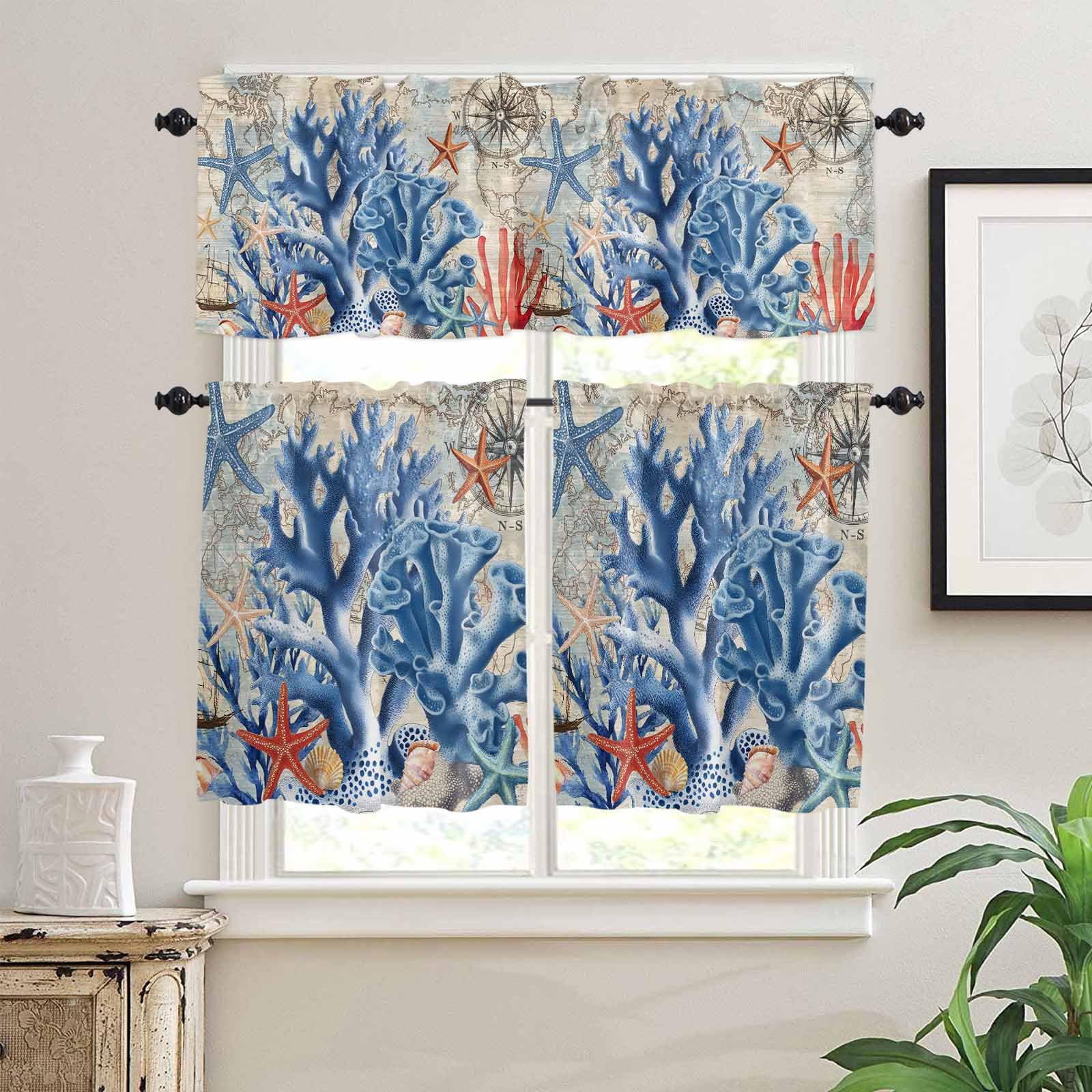 Blue Coral Coastal Kitchen Curtains 36 Inch Length,3 Piece Rod Pocket Small Half Tiers and Valance Set,Summer Beach Vintage Nautical Starfish Small Large Window Treatment Decor for Bedroom/Bathroom