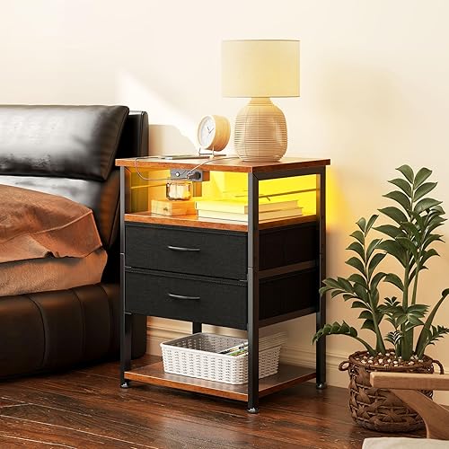 Miniatura 10 de Night Stand with Charging Station, End Table for Bedroom Tall Nightstand with Drawers, Small Nightstand for Bedroom, 4-Tier Storage Bedside Table,