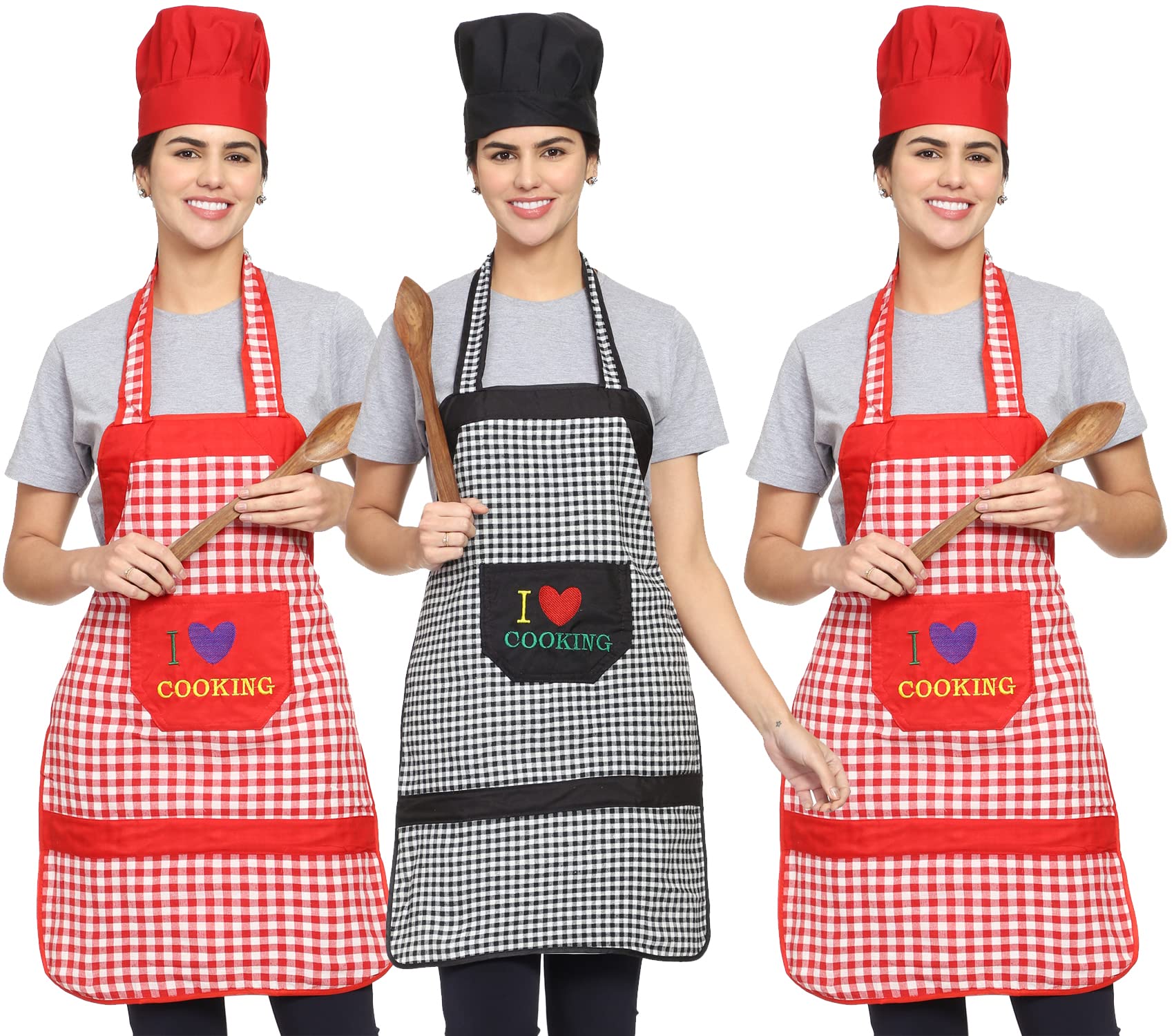 WhitewrapCheck Striped Cotton Fabric Bib Aprons With Chef Cap, Water Oil Stain Resistant Chef Cooking Kitchen Aprons with Pockets for Men Women (3 Pack) (MULTI 13)