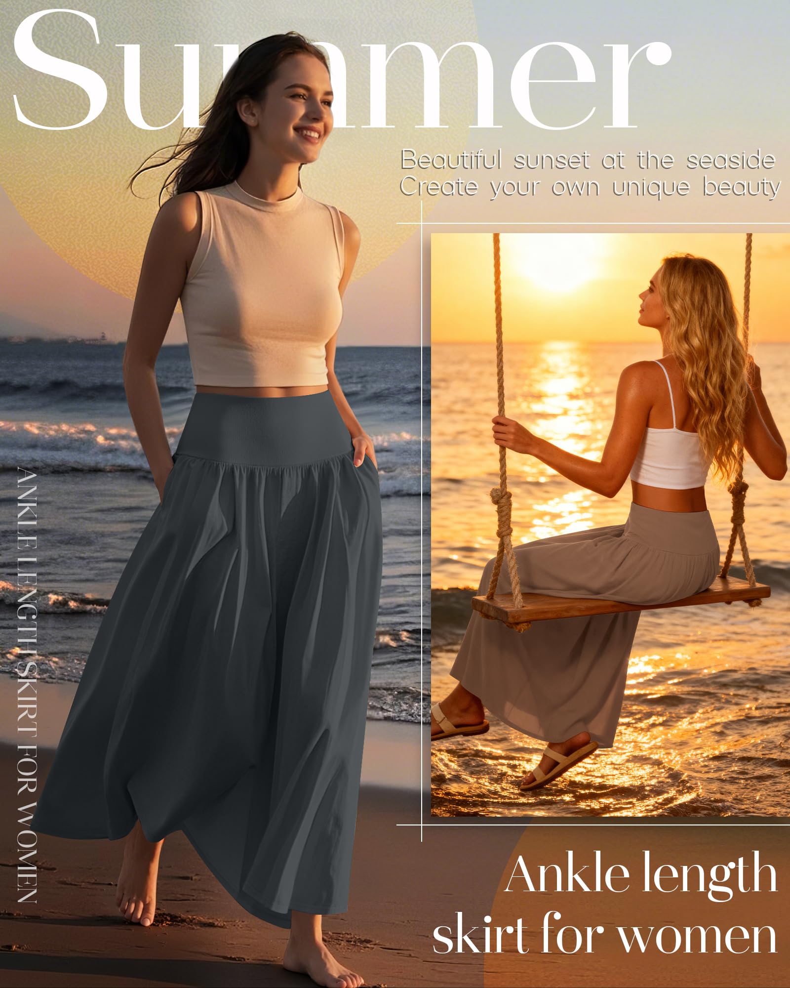 Ficerd Paquete de 3 Faldas Largas Maxi para Mujer, hasta el Tobillo, Cintura Alta, Verano, con Bolsillos