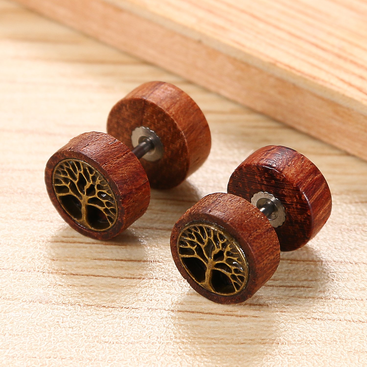 Flongo - Pendientes de acero inoxidable, madera, retro, árbol de la vida, león, cabeza de fantasía, pendientes de color marrón para hombre y mujer