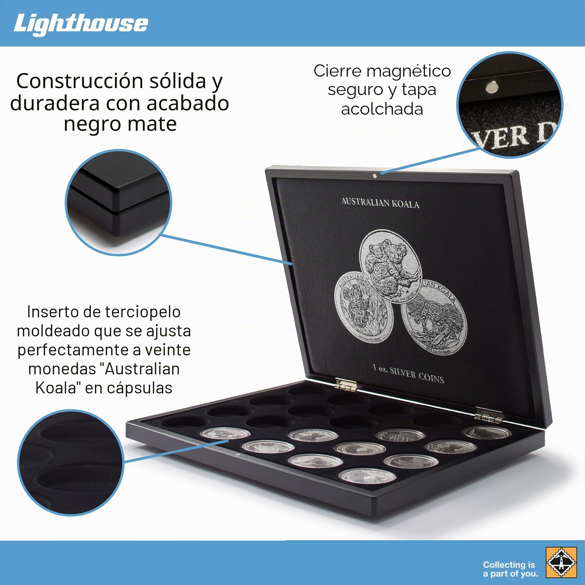Leuchtturm 347920 Volterra Monedero - para 20 Monedas de Plata Koala Australiano en cápsulas Originales - 1 OZ. - Negro - sin Monedas ni cápsulas