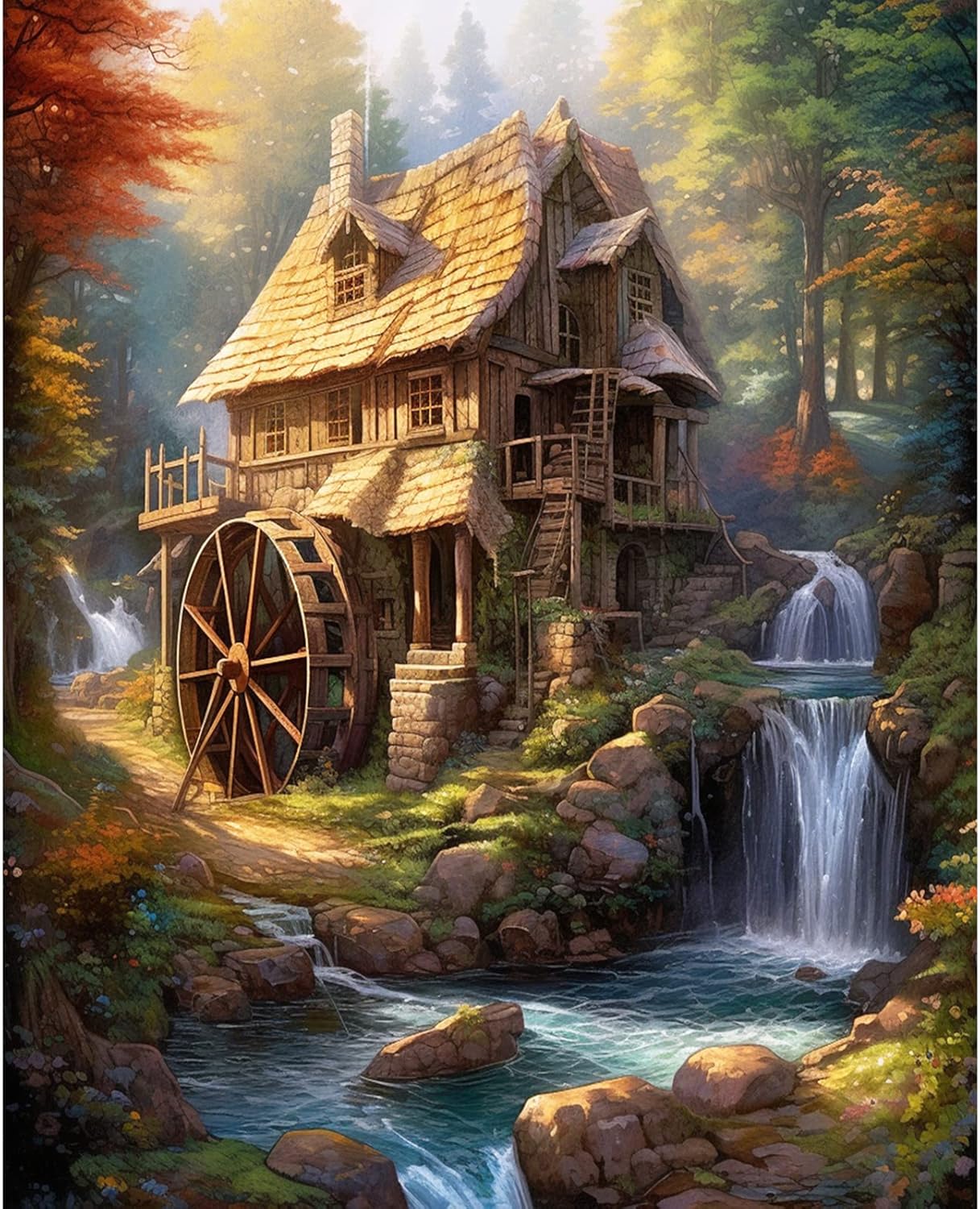 Tucocoo Rustic Cabin Paint by Numbers Kits with Brushes and Acrylic Pigment on Canvas Painting for Adults Forest Waterwheel Waterfall Picture Arts Crafts for Home Decor Gifts 16''x20'' (DIY Framed)