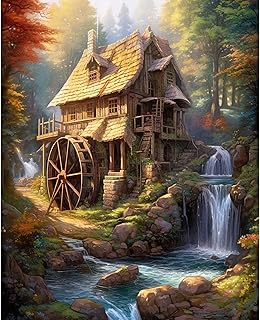 Tucocoo Rustic Cabin Paint by Number for Adults, DIY Digital Oil Painting Kits on Canvas with Brushes and Acrylic Pigment Forest Waterwheel Waterfall Picture for Home Decor Gift 16x20inch (Frameless)