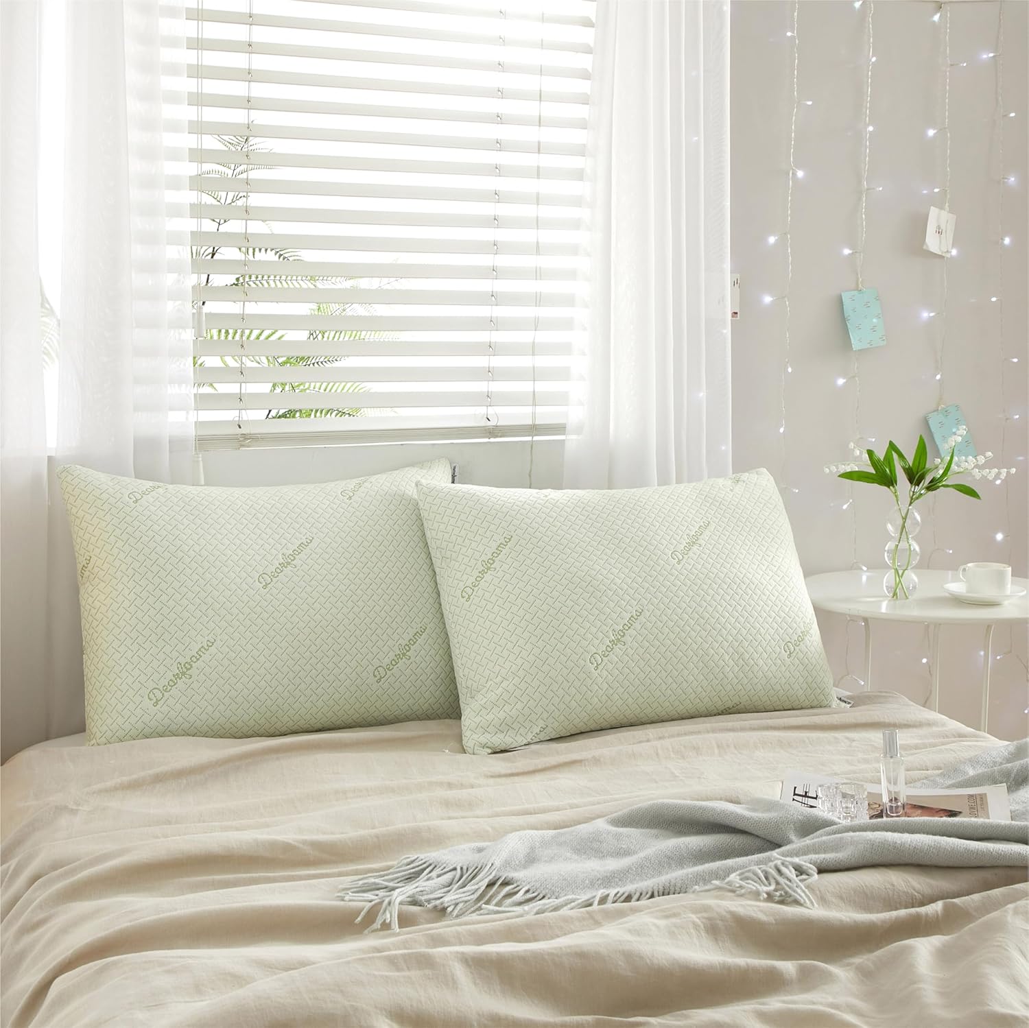 Dearfoams Bed Pillows - Standard/Queen Size - Set of 2 - 85% Polyester and 15% Rayon Bamboo Bed Pillow with Soft Knit Cover for Back, Side and Stomach Sleepers