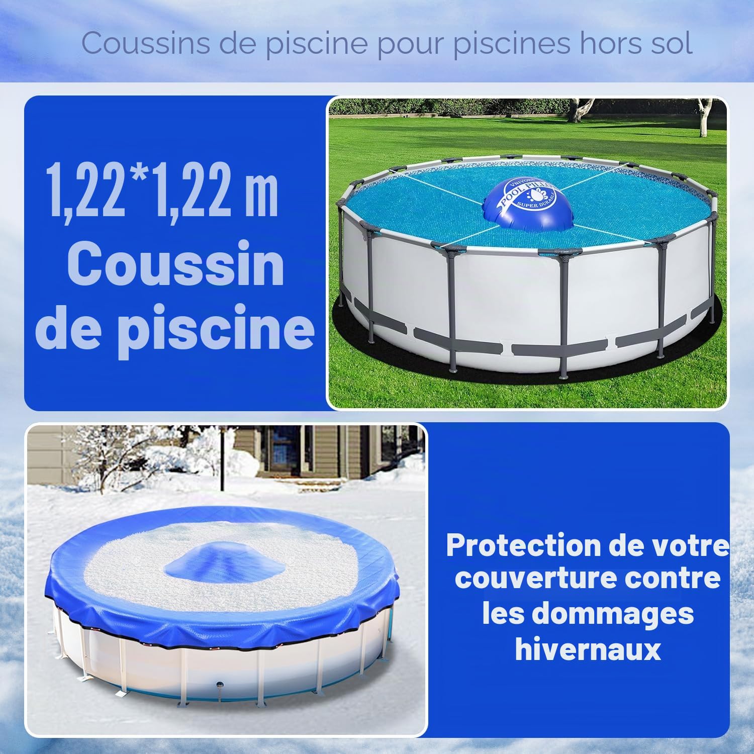 Coussin Piscine hivernage, 120×120cm Coussin hivernage Piscine Hors Sol, 0.5mm Extra épais résistant à la déchirure Flotteur hivernage Piscine Corde de 50 Pieds Incluse (rectangulaire)