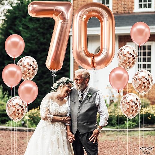 Miniatura 8 de KatchOn, Globo grande de oro rosa con el número 70 de 40 pulgadas, globo de aluminio con confeti para decoraciones de cumpleaños de 70 años, globo