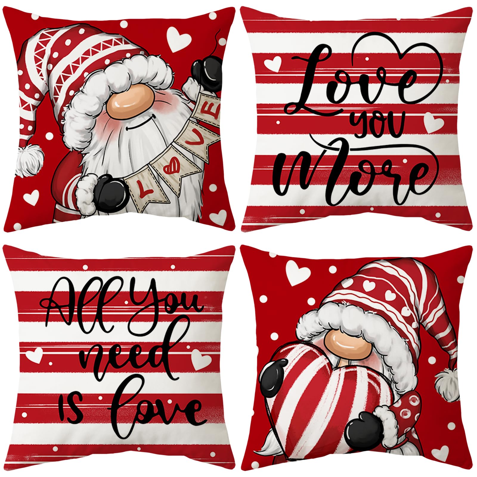Red Valentines Day Pillow Covers 18 x 18 Inch Striped Throw Pillows Valentine Gnomes Decorative Cushion Case Decoration