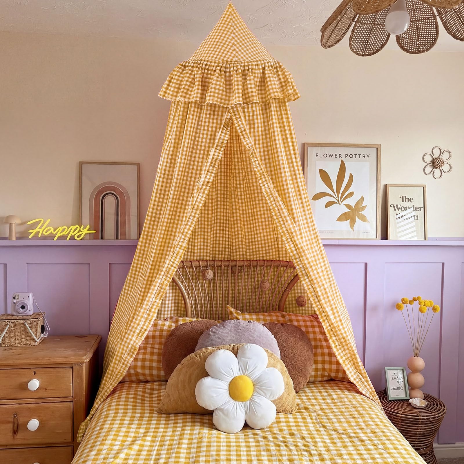 SmoothNovelty Gingham Plaid Bed Canopy with Ruffles Soft Vintage Style Decorative Tent for Reading Nook Play Area or Adult Bedroom Circus Tent Canopy(Yellow) — view 8