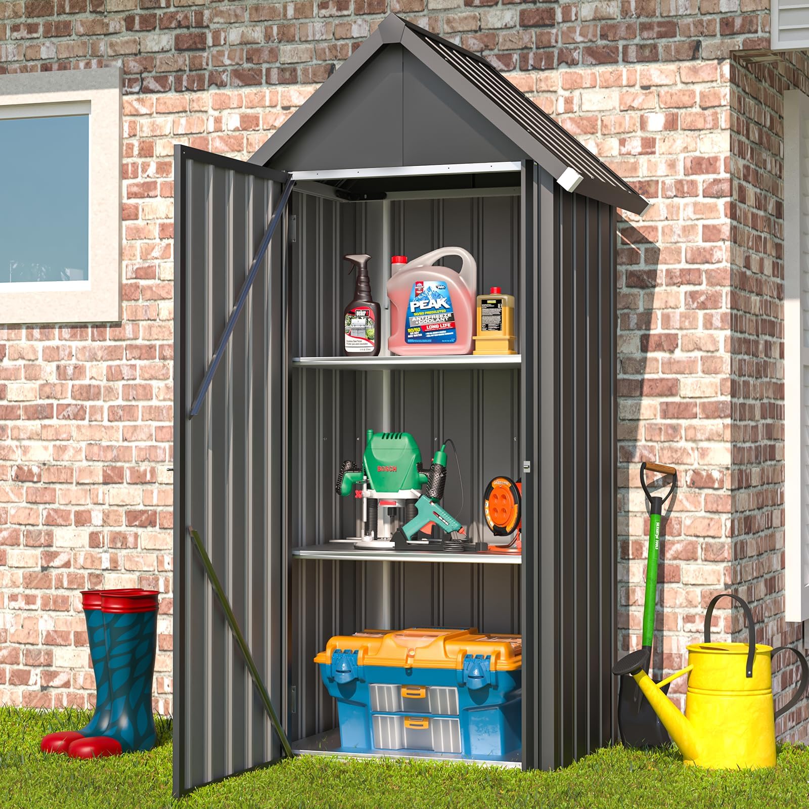 YODOLLA Metall Gartenschrank, Geräteschuppen mit Sockel & Schloss, Grau | Gartenhaus für Werkzeug & Zubehör, wetterfest, 86x55x178 cm