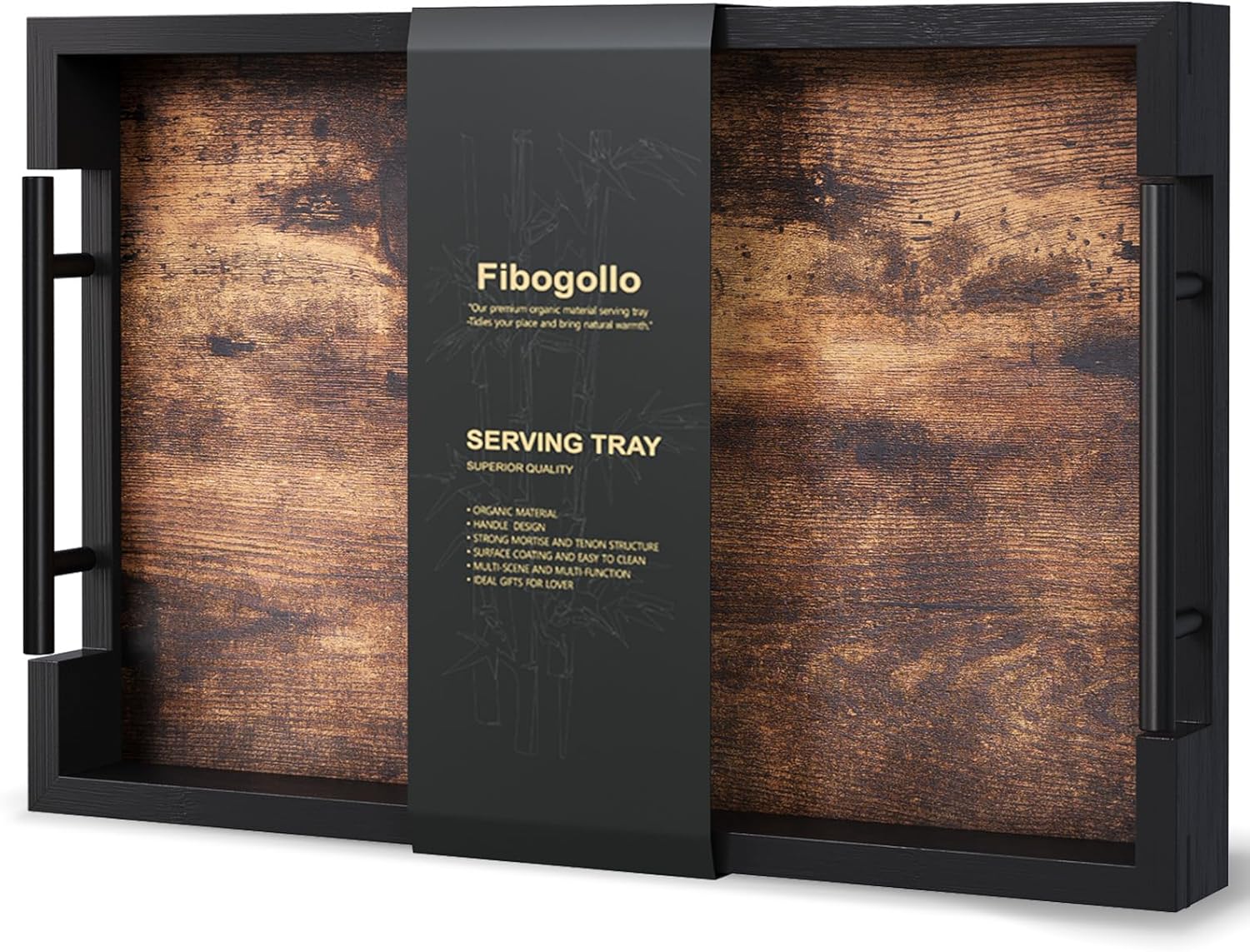 Fibogollo Wooden Set of 2 Serving Tray with Metal Handles,Ottoman Decorative Trays Platter for Coffee Table,Living Room,Bar,Party