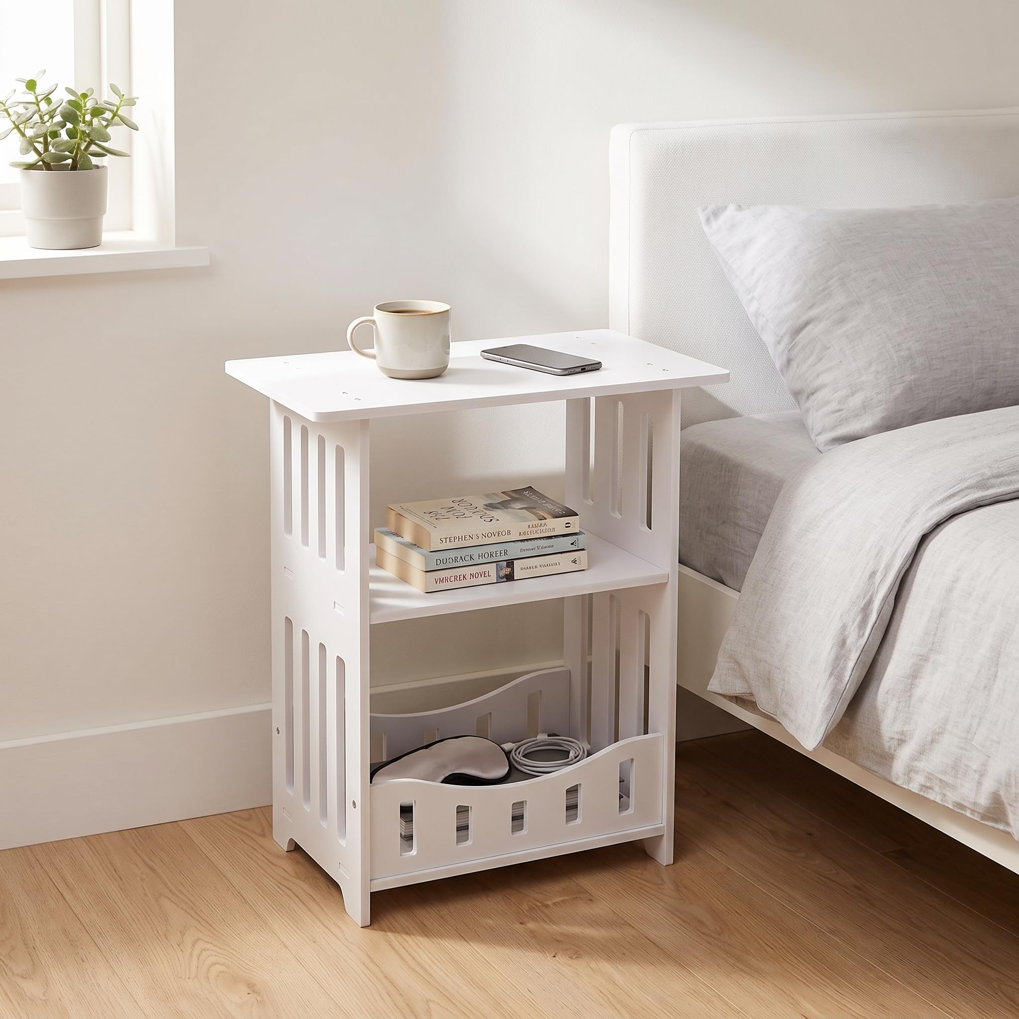 INMOZATA White Rectangle Side Table, 3‑Tier Storage End Table 36*24*40cm