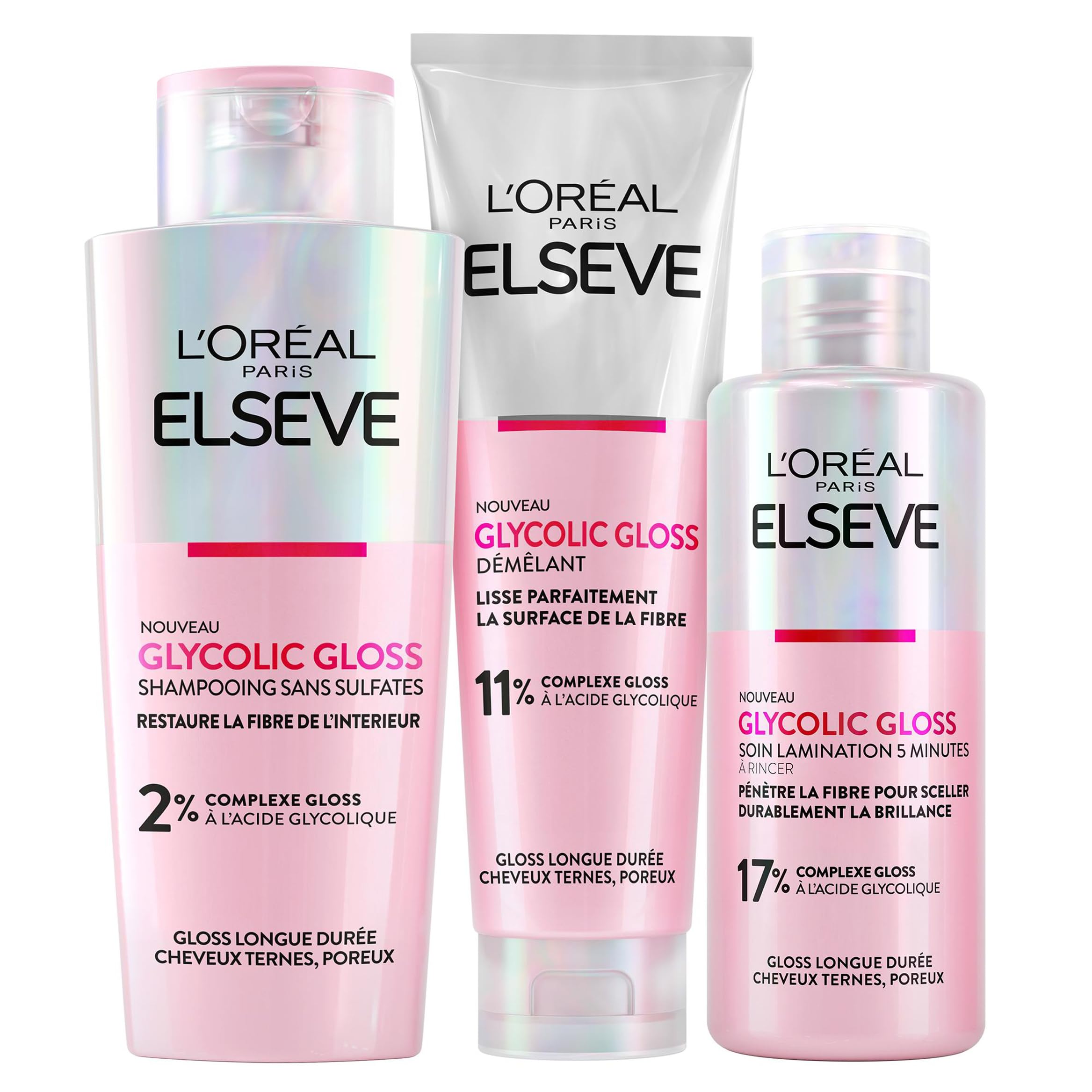 L'Oréal Paris - Routine completa per capelli opachi - Shampoo + districante + cura della laminazione - Acido glicolico - Senza solfati - Elseve Glycolic Gloss - 3 prodotti