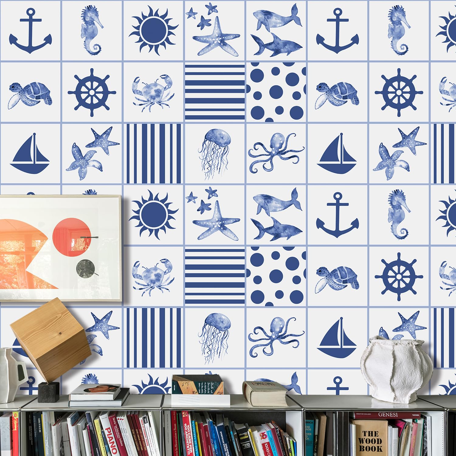 Ulticool – Adesivi impermeabili per piastrelle - Adesivi per pesci, mare, acquario, conchiglie - 15x15 cm - 15 pezzi di adesivi per piastrelle autoadesivi in foglio - per pareti del bagno - Parete