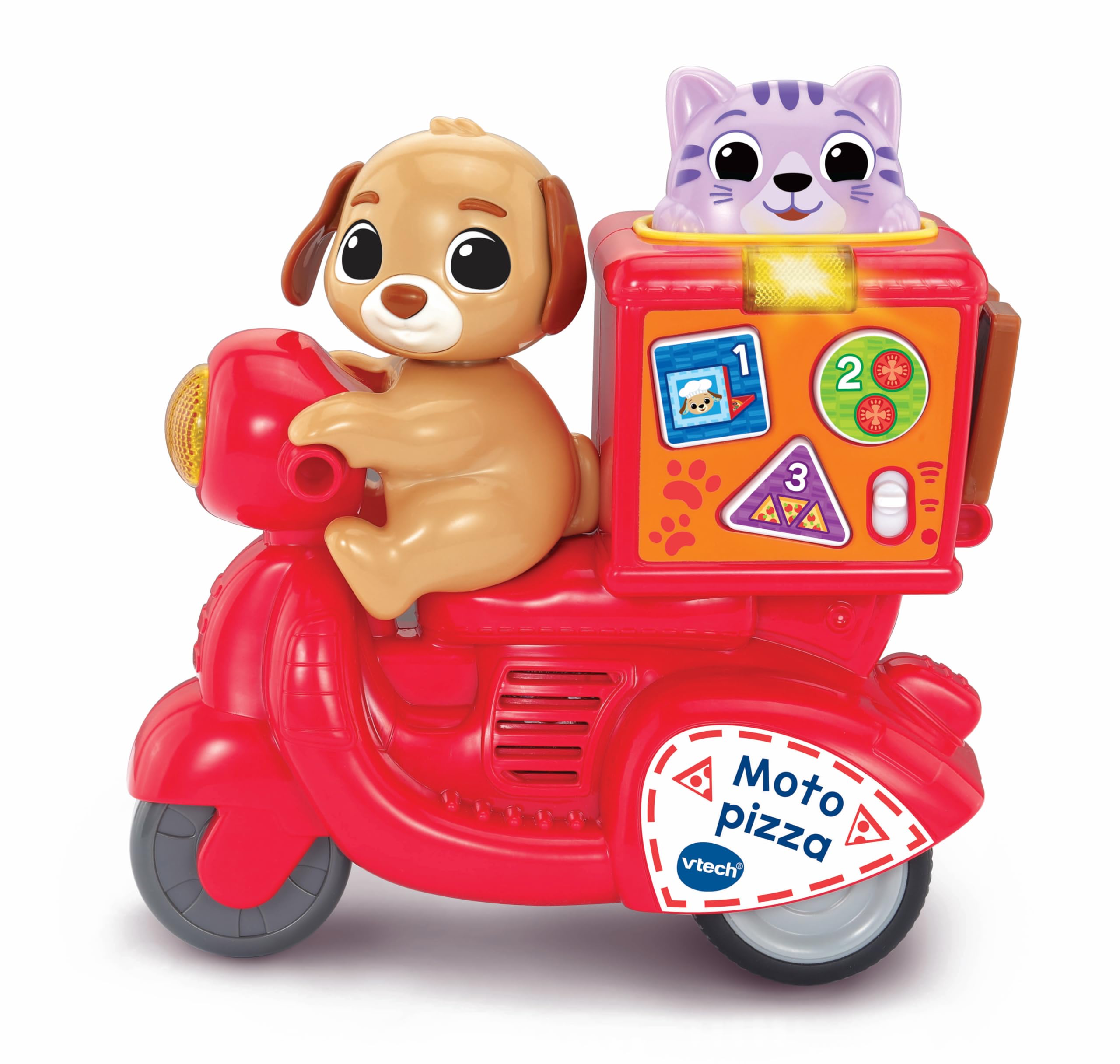 VTech-Baby Moto Pizza Entrega exprés, Vehículo Interactivo, Sonidos realistas, Enseña Formas, números y Colores, Juguete para bebés +12 Meses, Versión ESP