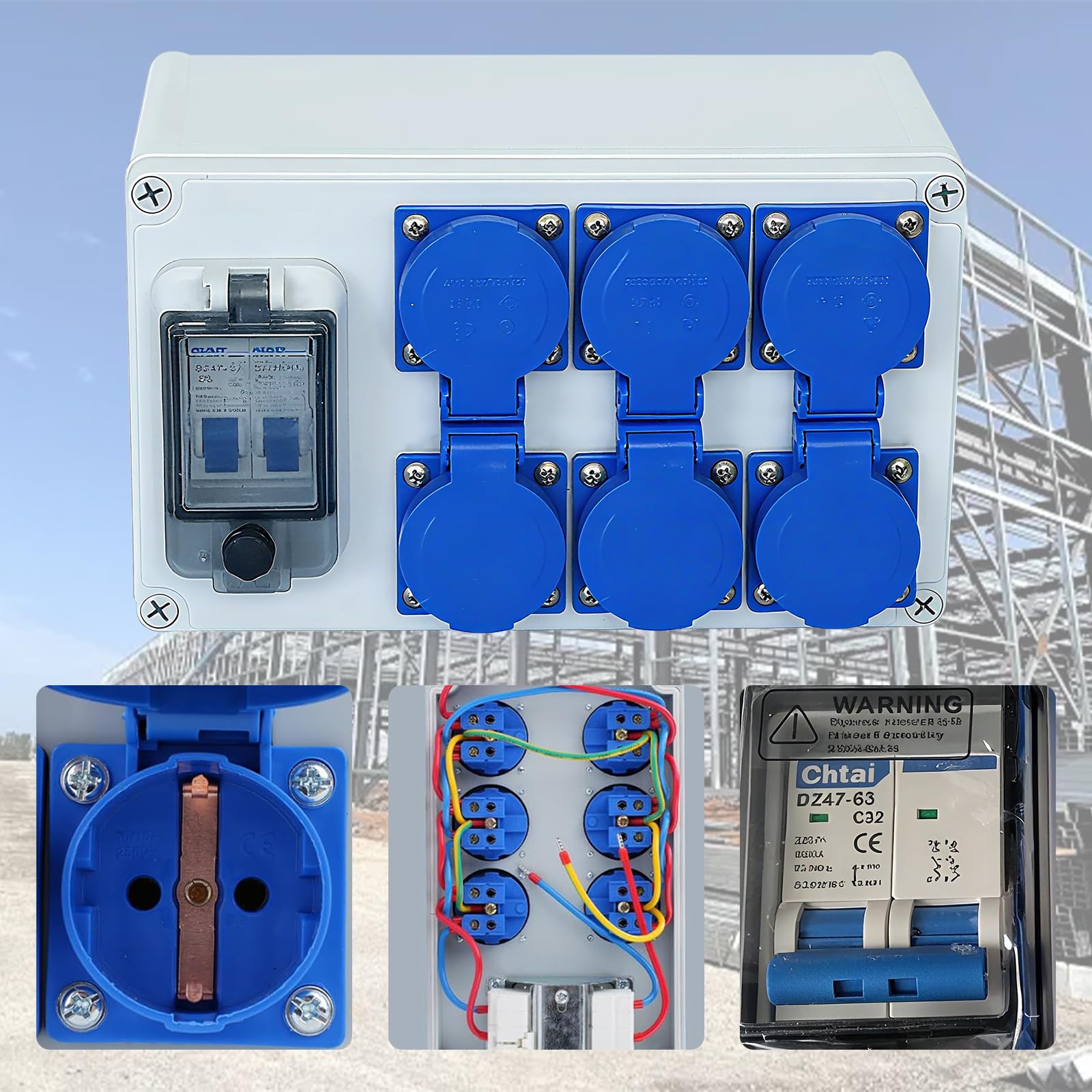 Cofanetto Elettrico di Cantiere 250V, 16A Distributore a Parete con Interruttore Automatico, 6 Prese, IP54 Impermeabile, Distribuzioni di Corrente Cantiere di Costruzione per Interni ed Esterni