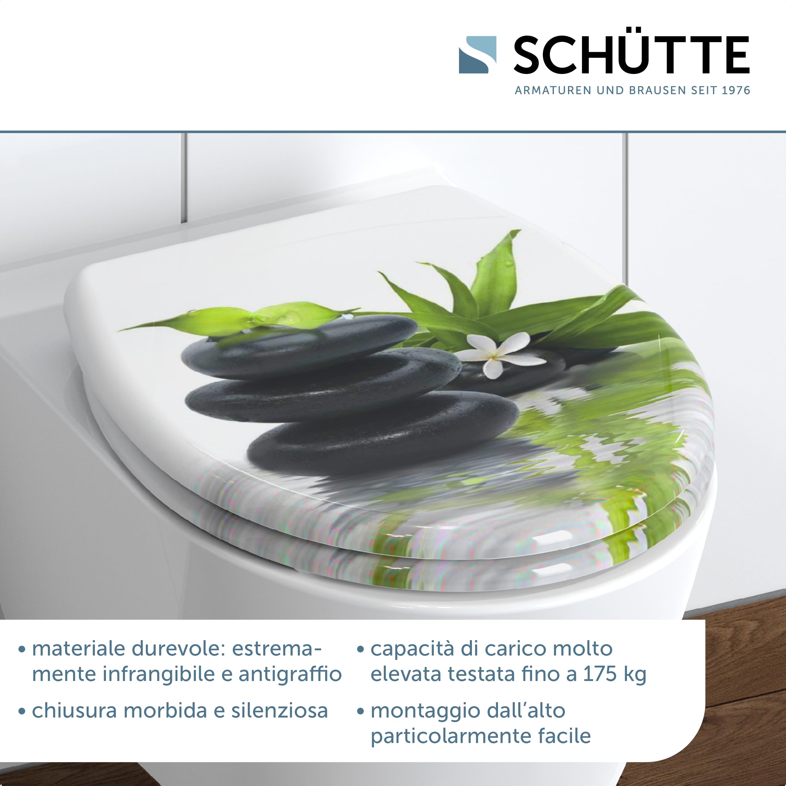 SCHÜTTE Sedile WC Duroplast JASMIN, sedile WC con abbassamento automatico e chiusura rapida per una facile pulizia, carico massimo sugli occhialini 150 kg, motivo pietre 82367