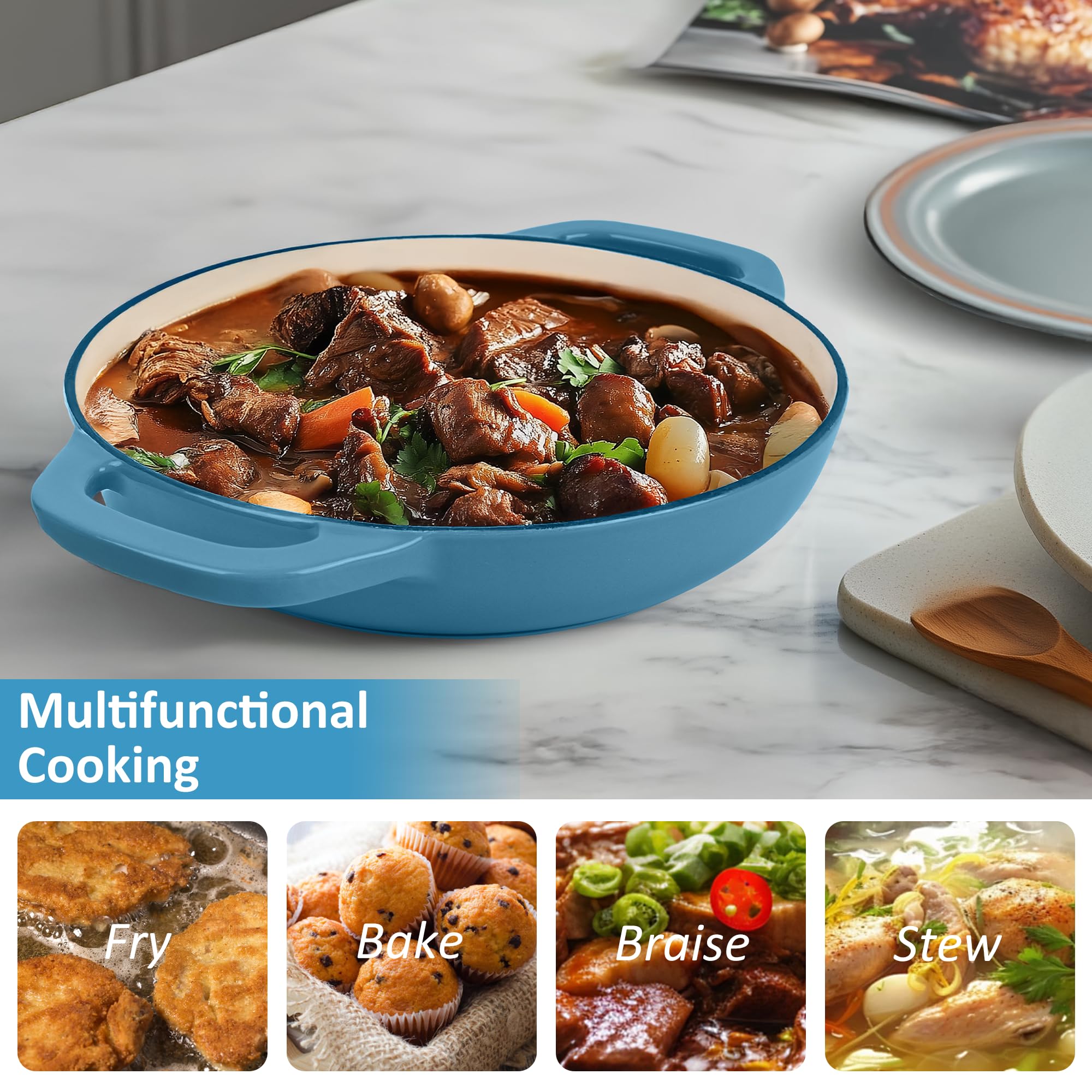 Iron Cloche Dutch Oven - Premium Enameled Cast for Bread Baking | Non-Stick Bread Pan with Lid | Perfect for Sourdough, Loaf, and Artisan Baking (Blue, 5 QT)