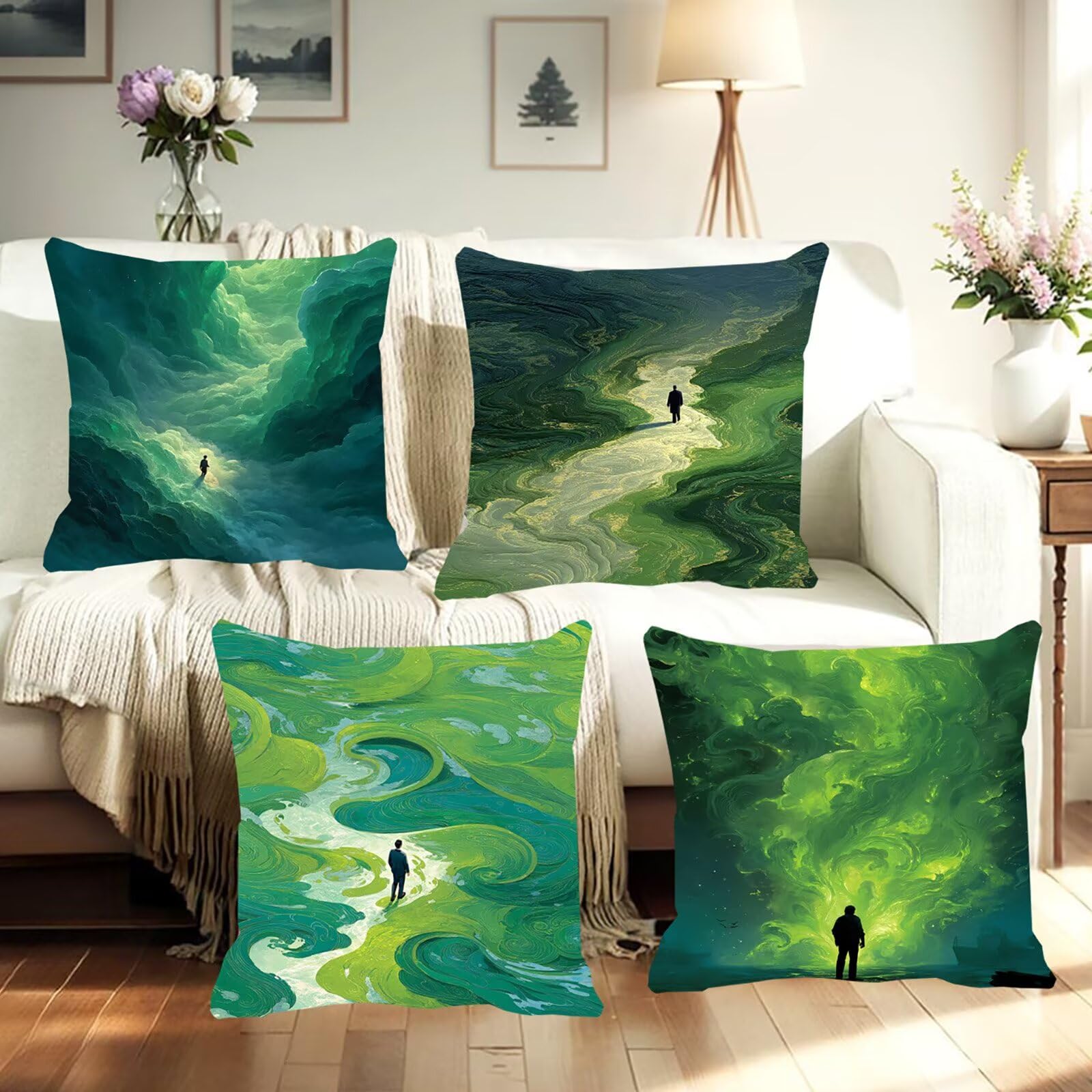 4 Pezzi Federe Cuscini Divano 60 x 60 Verde Divano Decorativo Doppia Faccia in Velluto con Cerniera Invisibile per Soggiorno Camera Balcone Esterno per Cucina, Sedia, Letto, Giardino, Il Sogno F0P-46