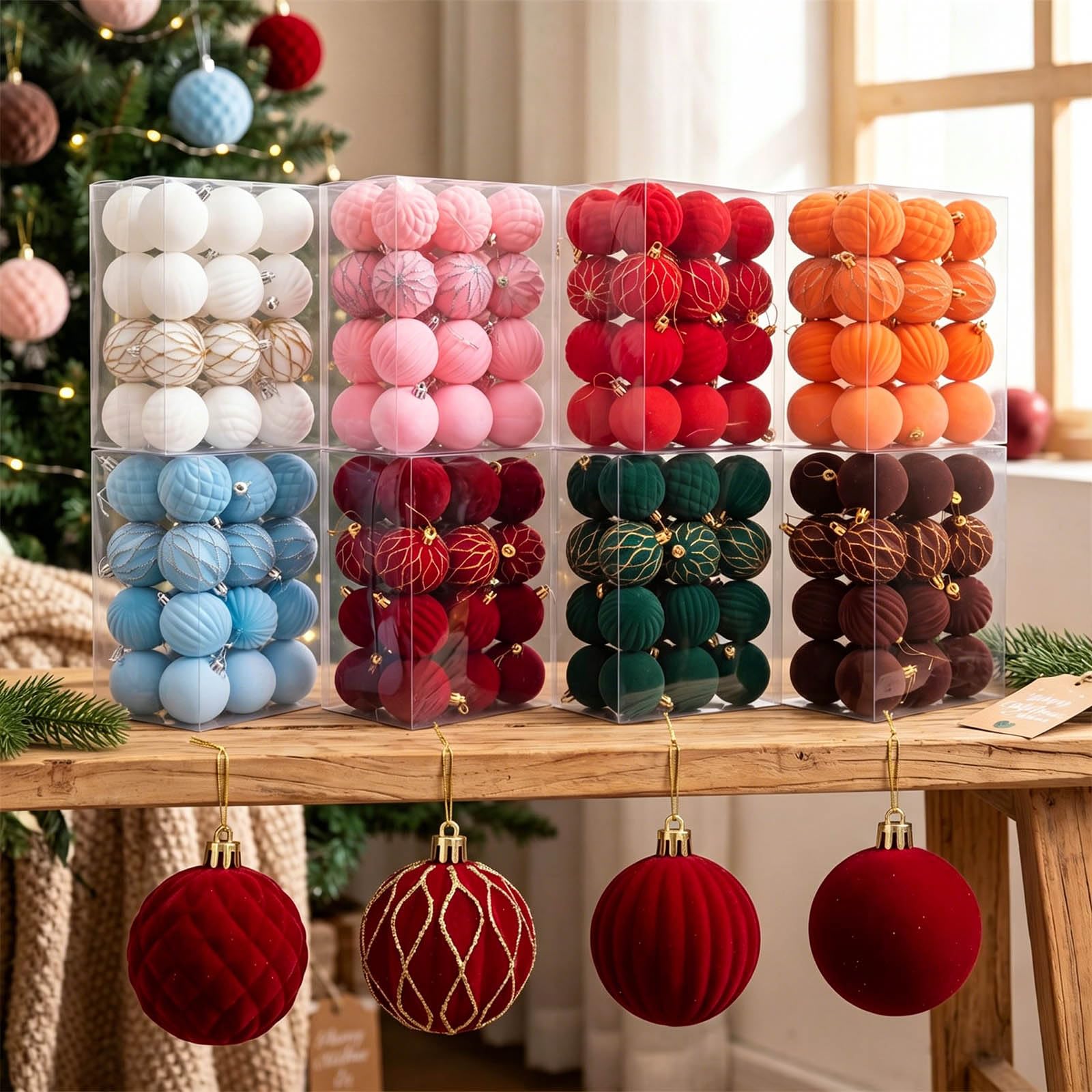 24 Stück glitzernde, samtige Weihnachtskugel Ornamente, bruchsichere Weihnachtskugeln aus Kunststoff für Baumsimse, Türdekoration, Zuhause, Urlaub, Terrasse