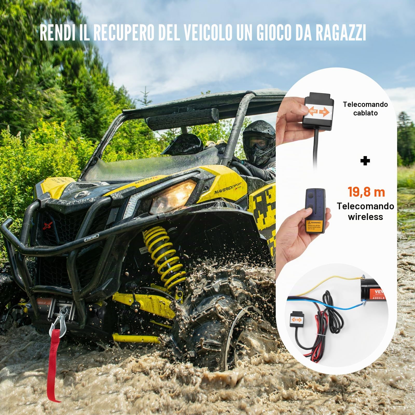 VEVOR Verricello Elettrico ATV UTV, capacità tiro 1814kg, 12 V CC, Cavo in Acciaio a 7 Fili Φ0,5 x 118,7 cm, Telecomando Wireless cablato, Impermeabile IP55, Verricello per Traino ATV UTV