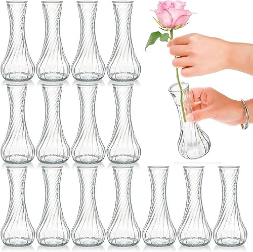 Paquete de 16 jarrones de cristal, pequeños jarrones transparentes a granel, jarrones de vidrio roscados para centros de mesa, mini jarrón vintage