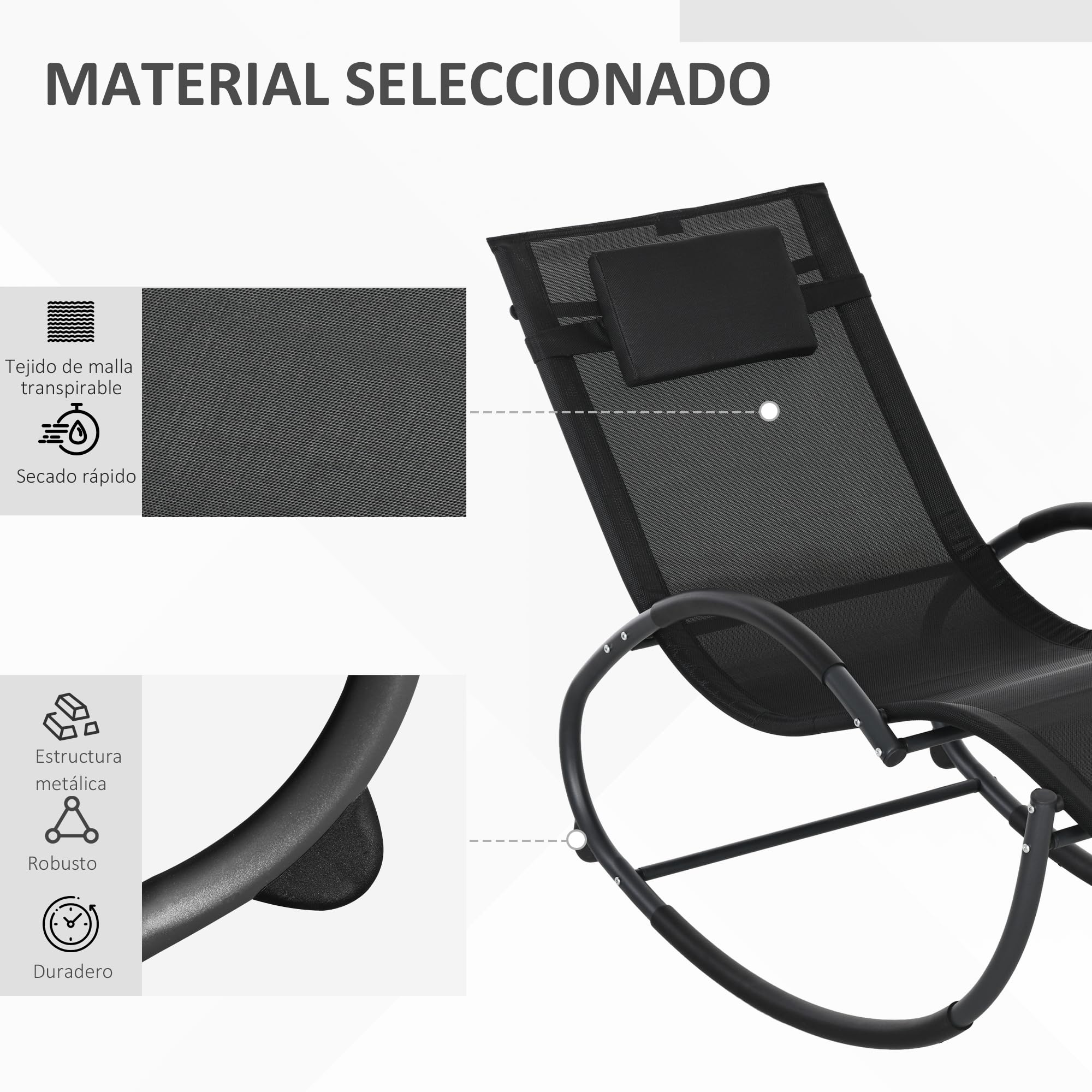 Outsunny Mecedora de Exterior Tumbona Mecedora con Reposacabezas Reposabrazos y Marco Metálico Carga 120 kg para Interior y Exterior 155x61x88 cm Negro