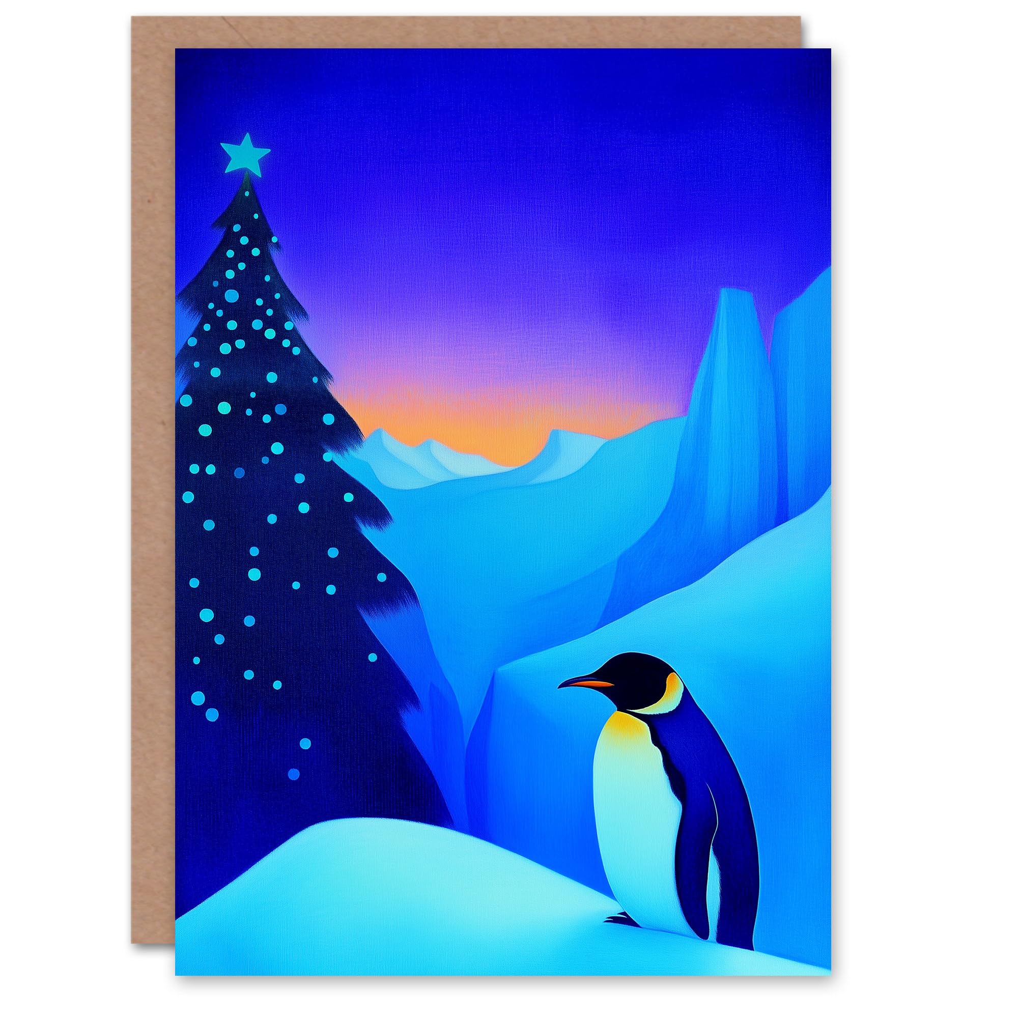 Wee Blue Coo Emperor Penguin Decorated Tree Winter Landscape Xmas Christmas Card in Blue