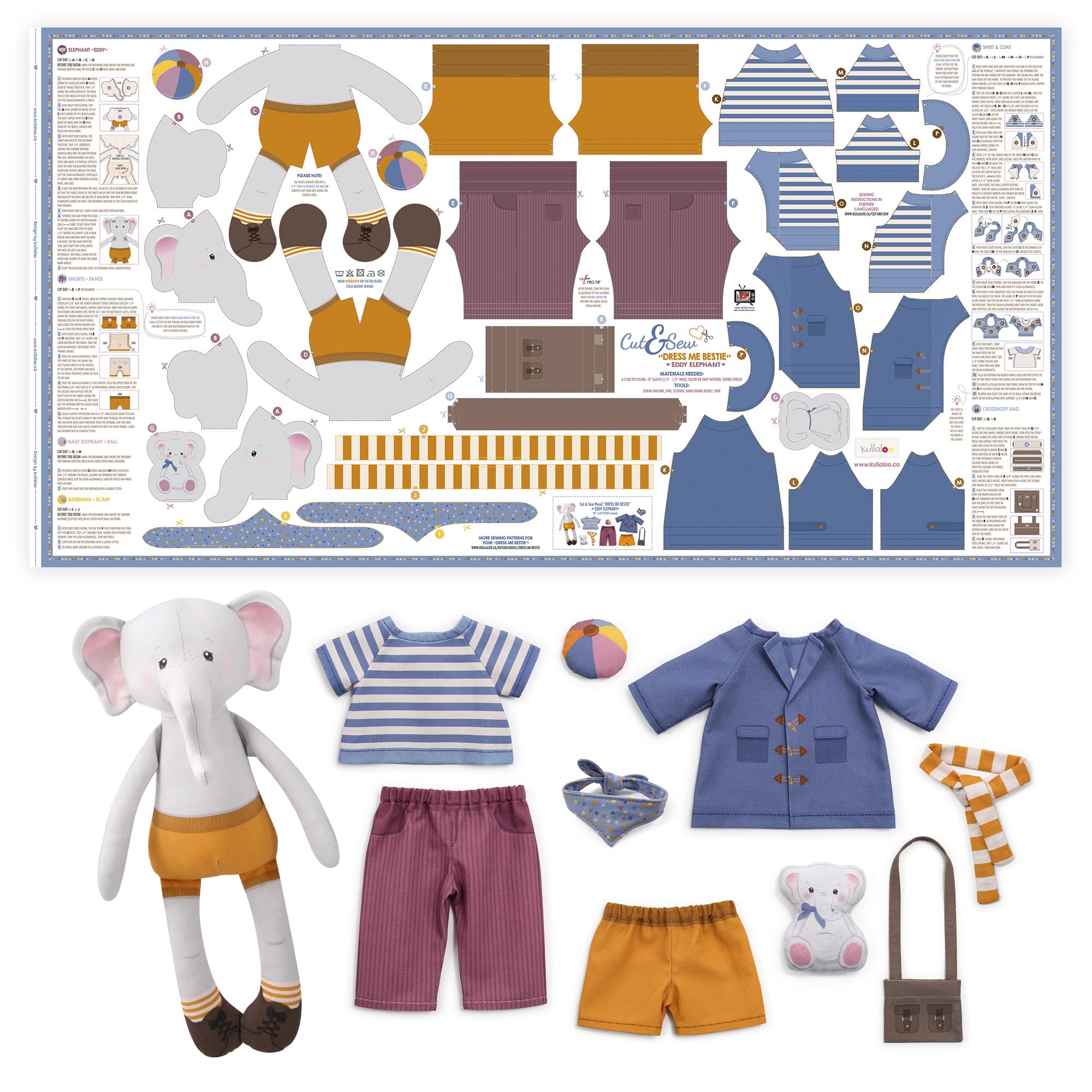 kullaloo Cut & Sew Stoff Paneel auf Baumwolle – Anziehpuppe mit Kleidung selber nähen, inkl. Elefant, Hosen, Shirt und mehr – Öko-Tex 100 zertifiziert – Dress Me Besties EDDY ELEFANT