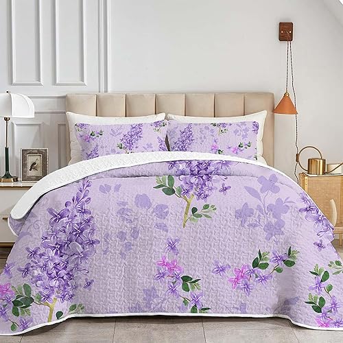 Juego de edredón floral morado, tamaño matrimonialqueen, juego de edredón de 3 piezas con flores botánicas, colcha ligera acolchada para todas las