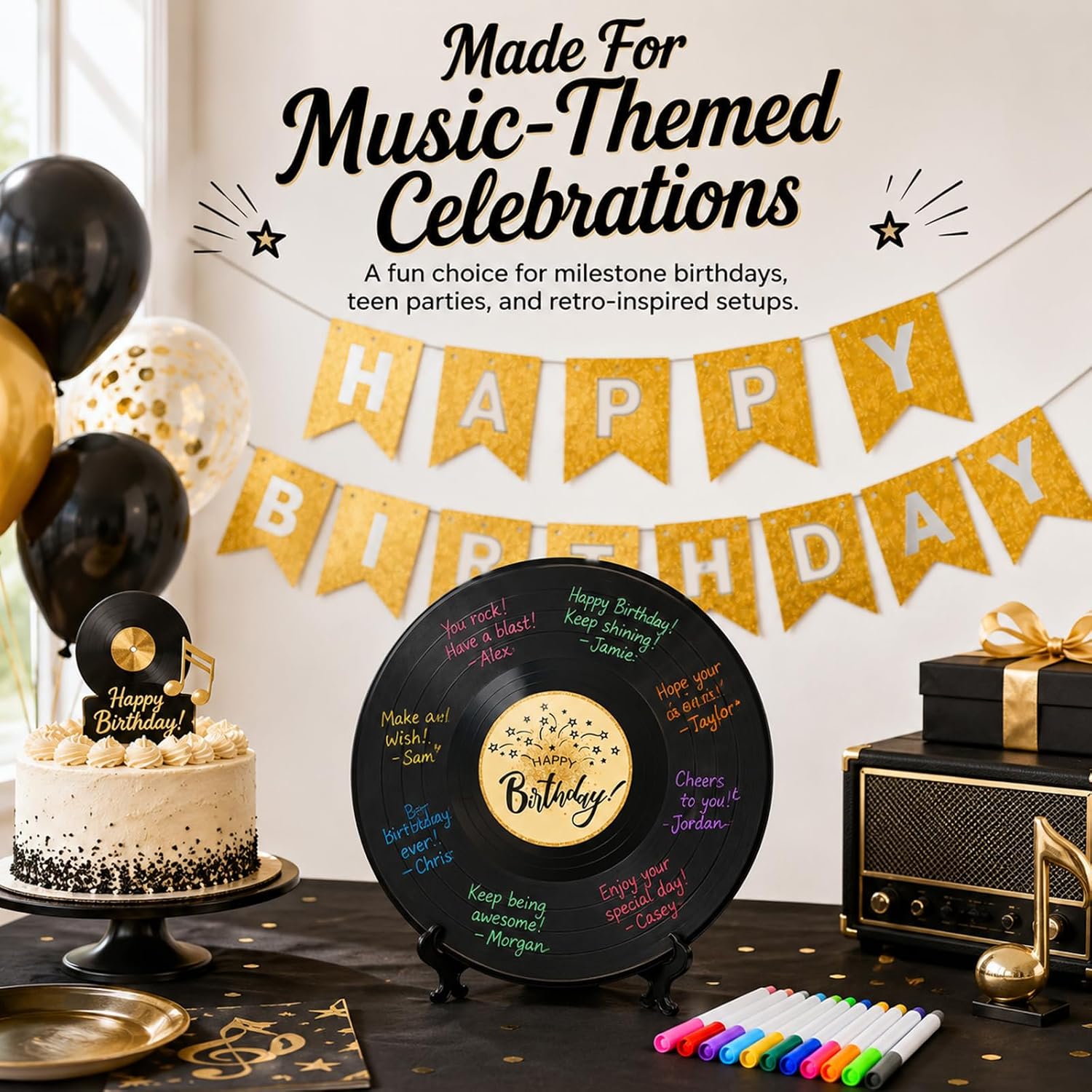 Vinyl Record Birthday Decorations with Happy Birthday Banner, Birthday Guest Book Alternative, Party Supplies Favors Sign Poster, Gifts for Friend, Star-Shaped