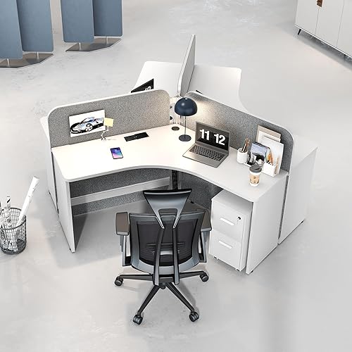 Estación de trabajo de cubículo de oficina para 3 personas con cajones y tomas de corriente integradas, divisiones de pared ajustables, diseños para