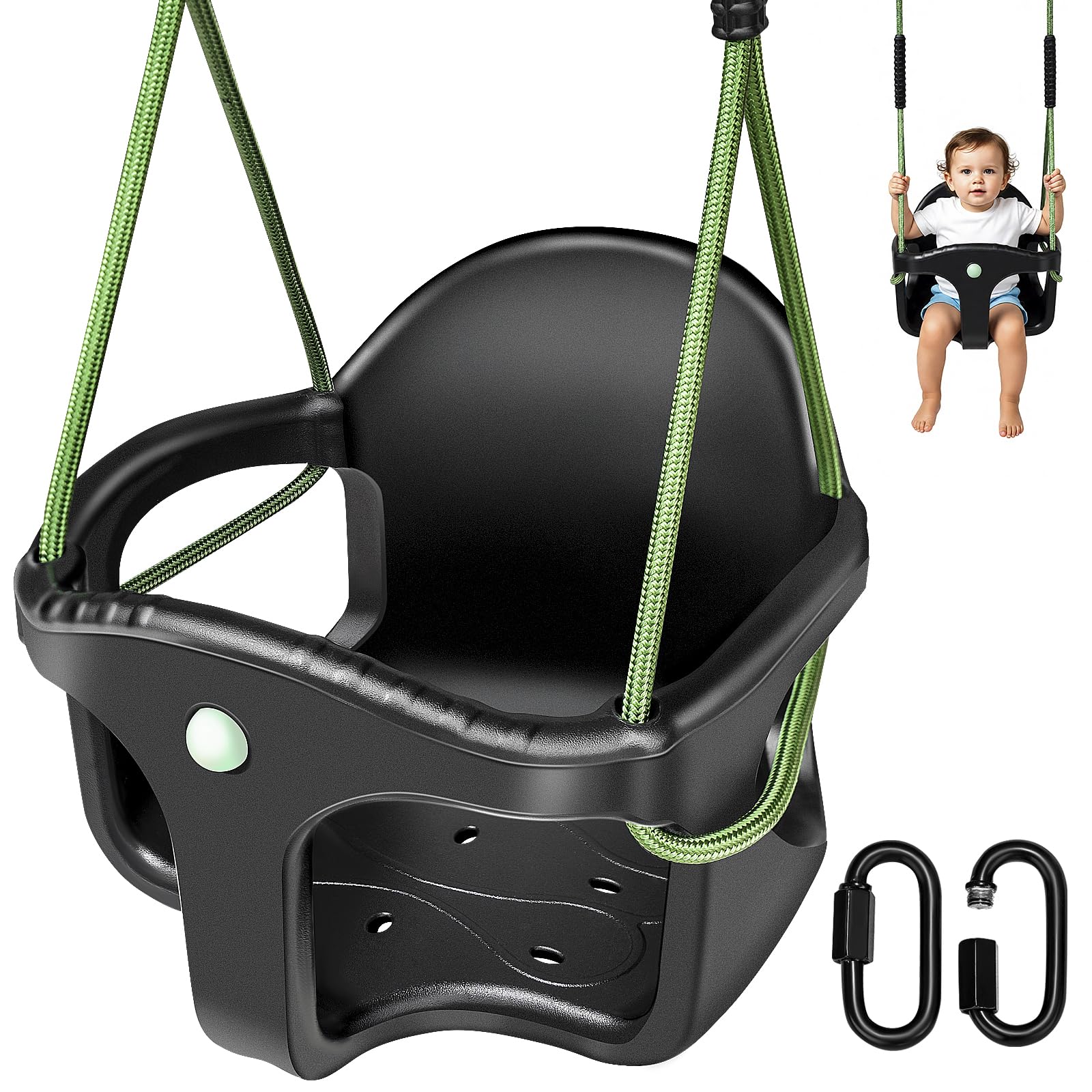 Columpio para bebé, columpio para exteriores, respaldo alto, carcasa de plástico, asiento con cuerda ajustable de 1,3 – 2 m y 2 mosquetones, columpio de jardín para niños que crece en crecimiento