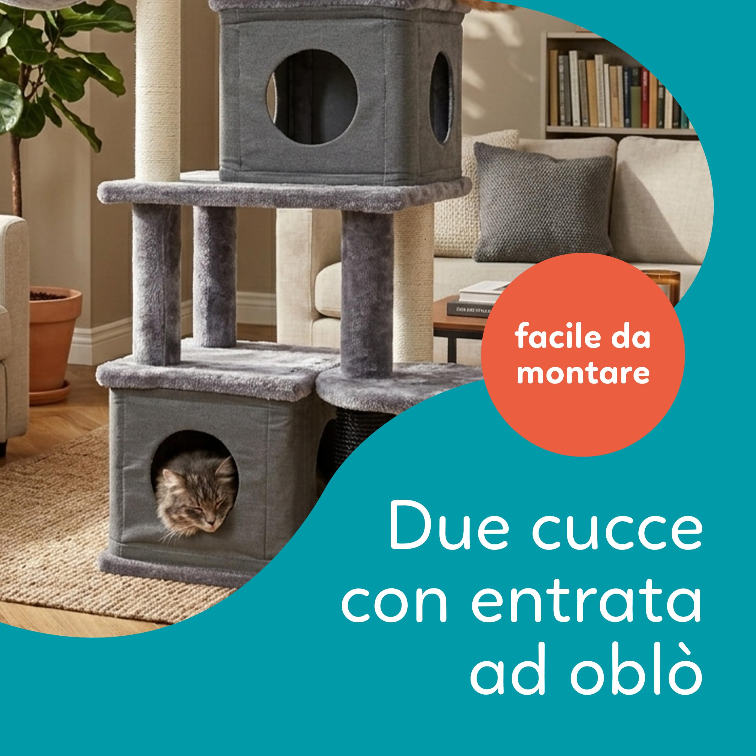 Aqpet Tiragraffi XL a Torre in Sisal e tessuto con Cucce per il riposo, Alto 125 cm per il massimo divertimento del tuo gatto, Colore Grigio