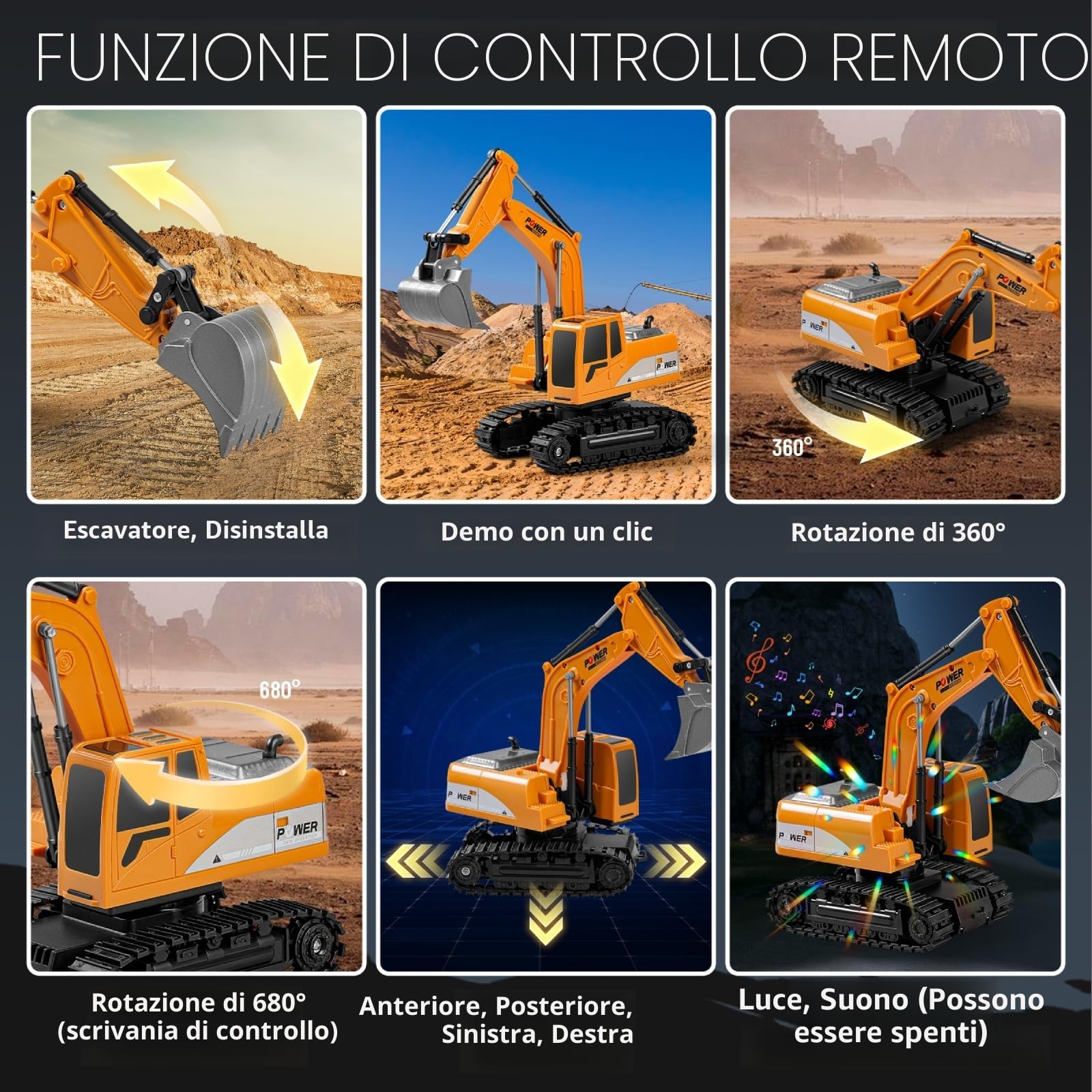 Escavatore da costruzione - telecomandato per bambini 3+, RC idraulico con ricaricabile/60+minuti, gira a 680 gradi, pala metallica, luci, suoni