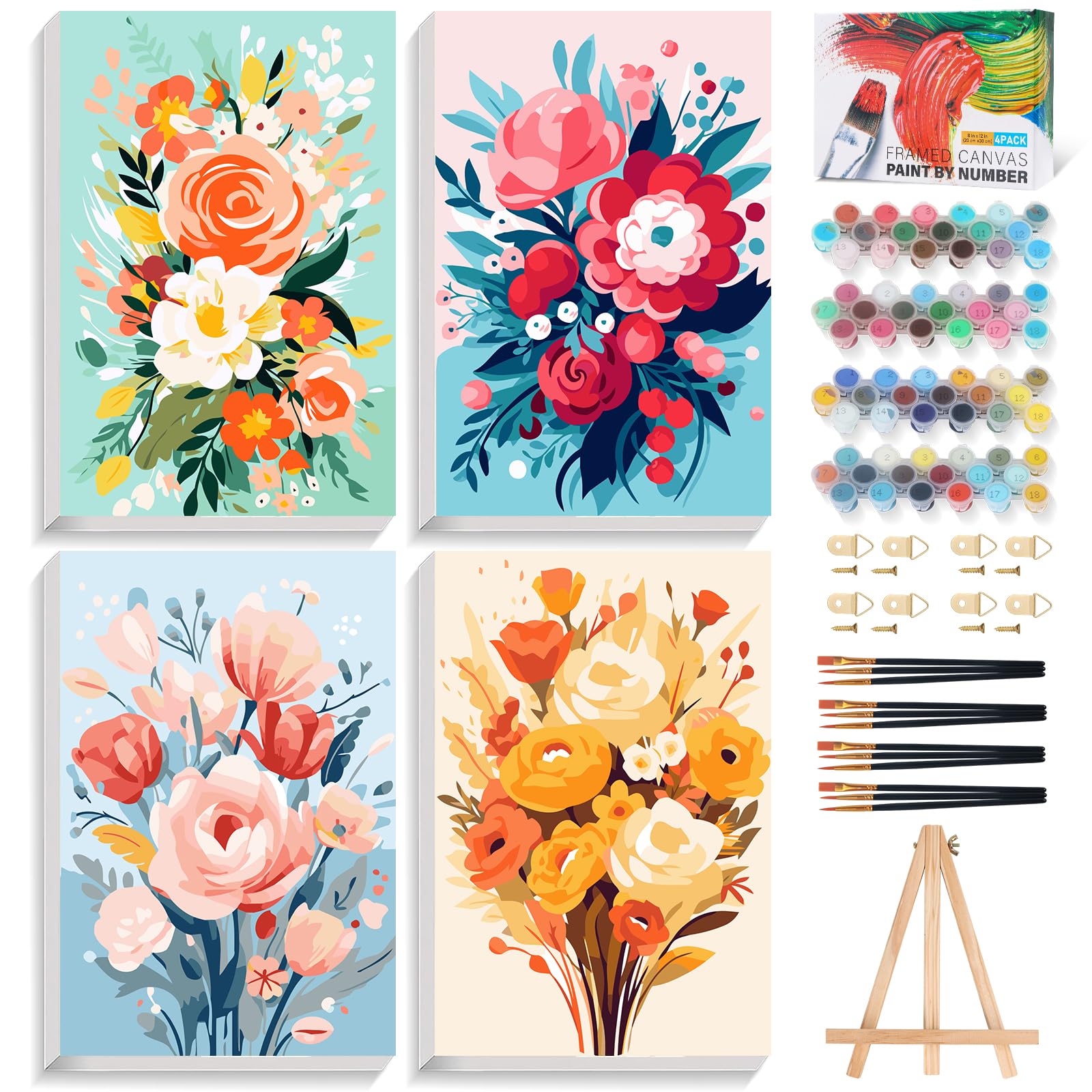 Offito 4 Pack Framed Paint by Numbers Kit for Adults Beginners with Wooden Easel, Flowers Easy Paint by Number Kit with Frame, Watercolor Adult Paint by Number Framed Canvas (8 * 12 Inch)