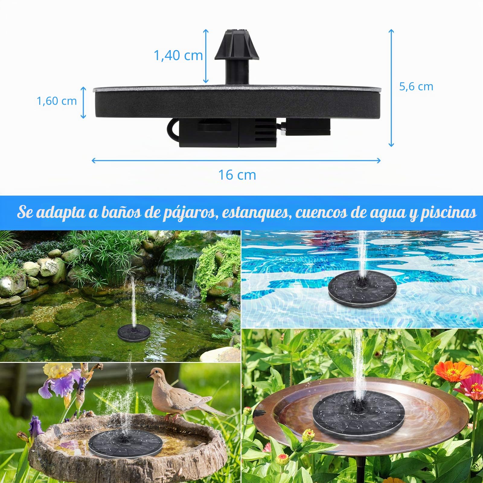 Mademax Fuente solar mejorada con 4 boquillas y fijador fáciles de instalar, bomba de fuente alimentada por energía solar para baño de pájaros, jardín, estanque, piscina, pecera, exterior