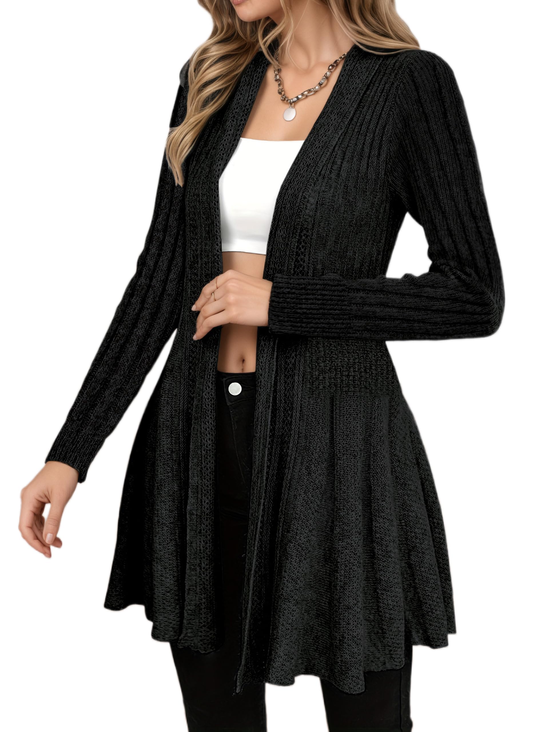 Womens Draped Open Front Cardigan Long Sleeve Ruffle Hem Fall Casual Solid Ribbed Knit Cardigans Outwear