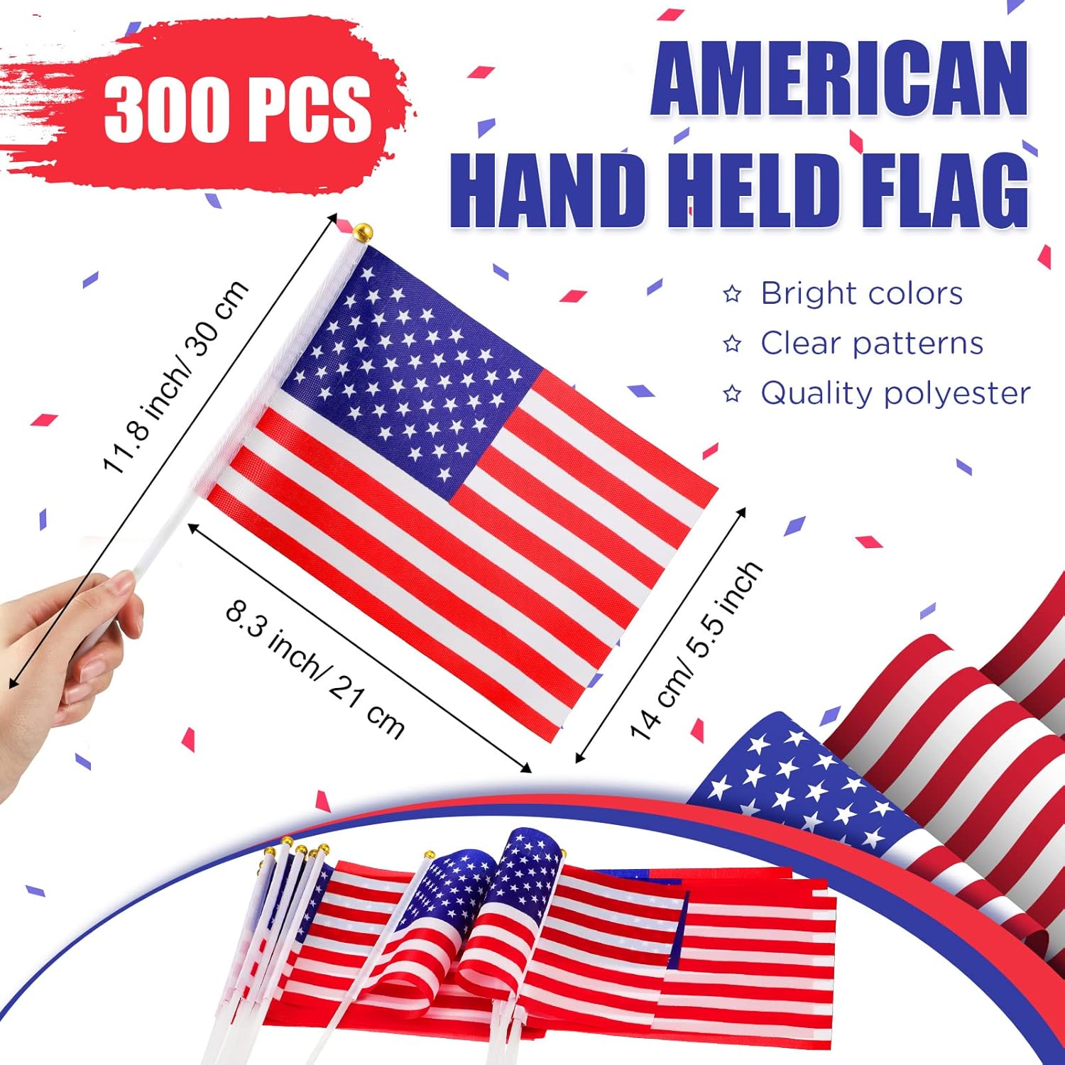 300 Pcs Small American Flags on Stick Plastic 4th of July USA Flag, 5.5 x 8.3 Inch Hand Held Mini Flags for Independence Day Fourth of July Lawn Memorial Day Parades Patriotic Parties (Classic Style)