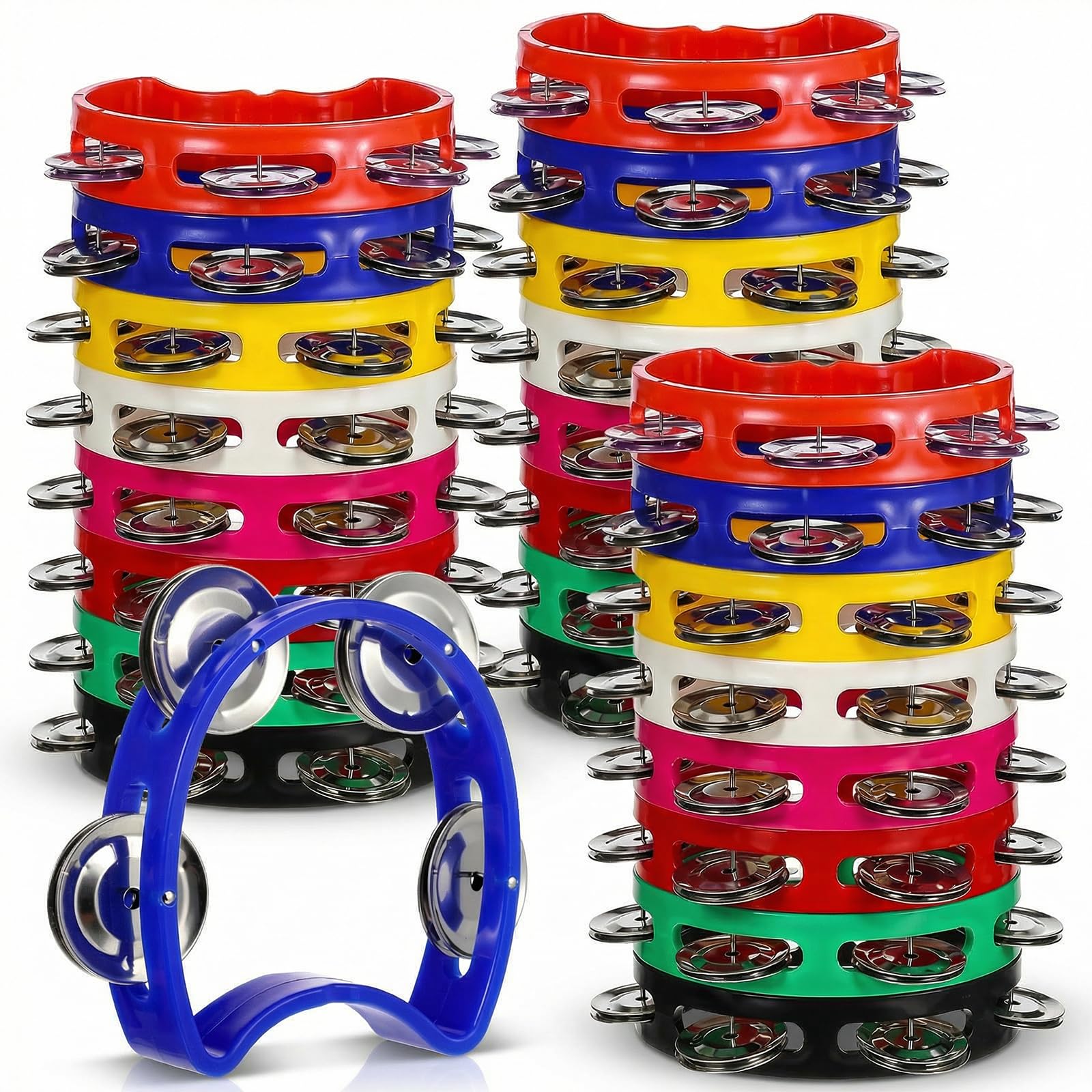 24 PCS Tamborines Musical Instrument Noise Makers Plastic Percussion Tambourine with 4 Bells Handheld Percussion Drum Tambourine 8