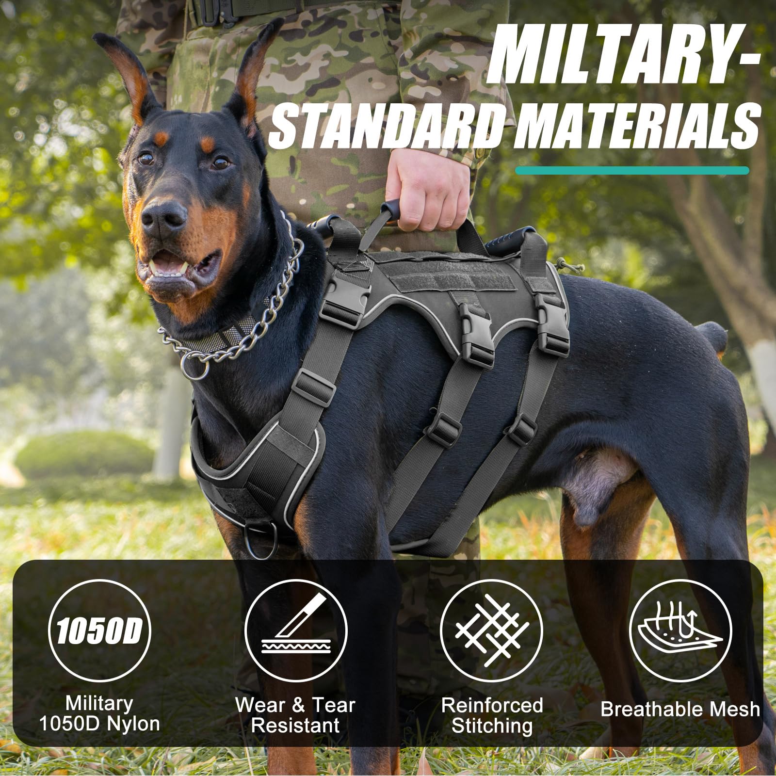 Pettorina Tattica per Cani, Pettorina Militare Gilet Regolabile, Air Mesh Pettorina per Cani Catarifrangente Non-Pull Imbracatura con 1 Impugnatura Comoda E Set di Sistema Molle,Verde,XL