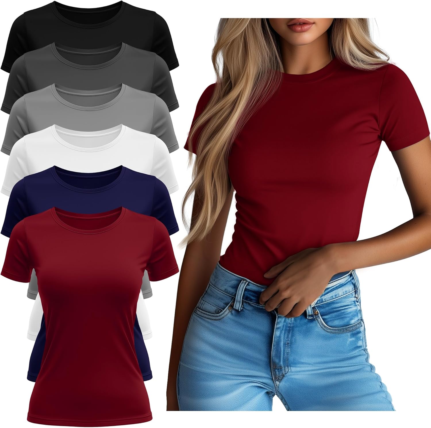 Neer 6 Pack Fitted Basic T-Shirts for Women Bulk, Tight Crewneck Short Sleeve Tops Multipack Slim Casual Summer Tees Blouse