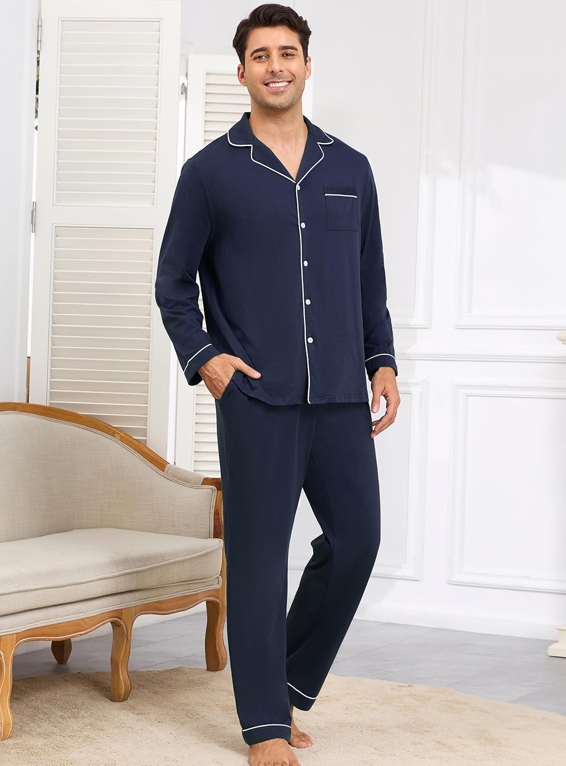 Veseacky Mens 100% Cotton Pajamas Set Long Sleeve Sleepwear Button Down Pjs Loungewear with Pockets - Image 2