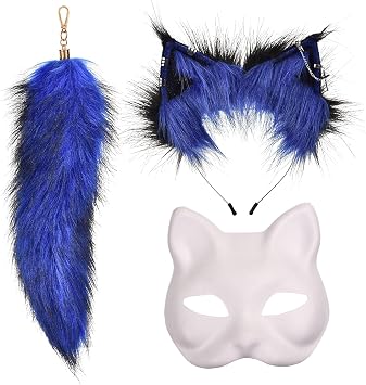 BADALU Therian Mask and Ears Set for adults Cosplay Fluffy Ears Headband Faux Fur Tail for Fox Wolf Cat Halloween Mask Party