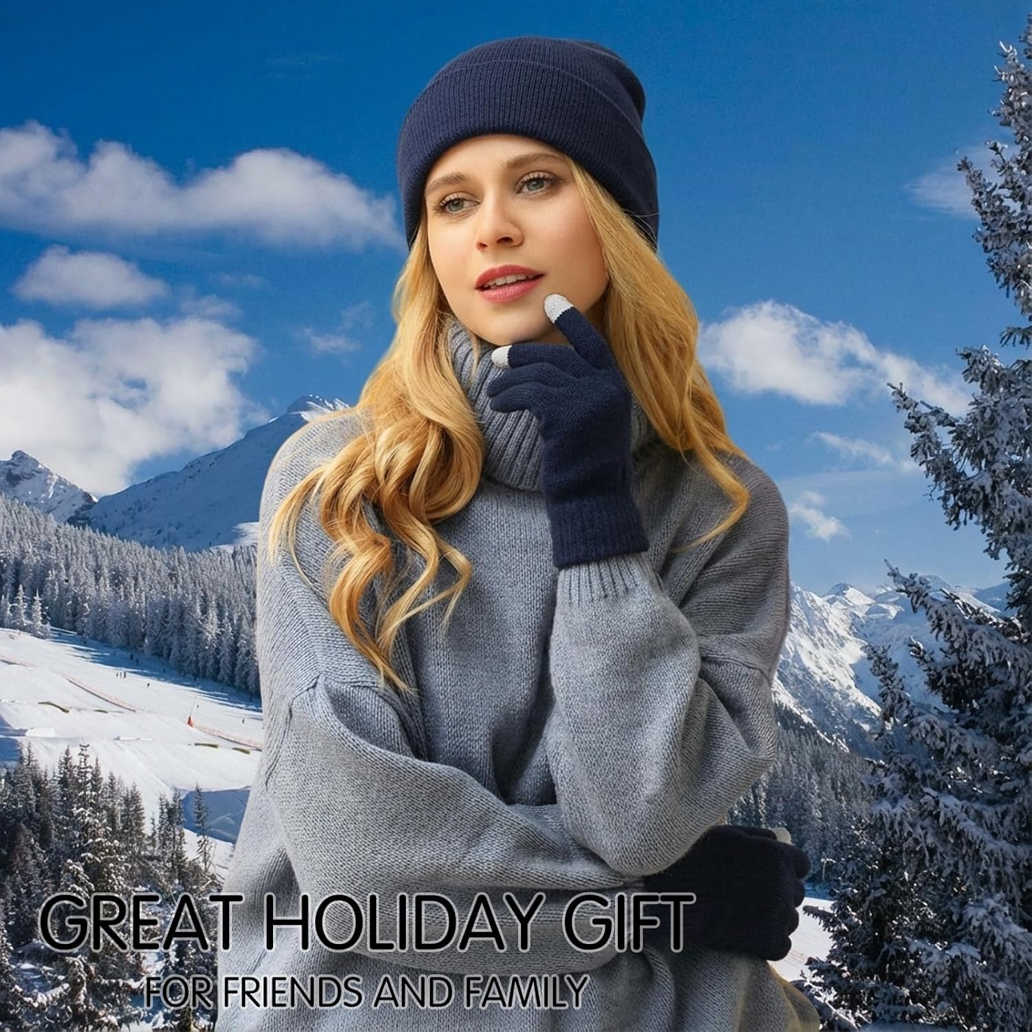 4 Pcs Winter Knit Beanie Hat and Touchscreen Gloves Set for Women Men Warm Acrylic Cap and Gloves Set - Image 5