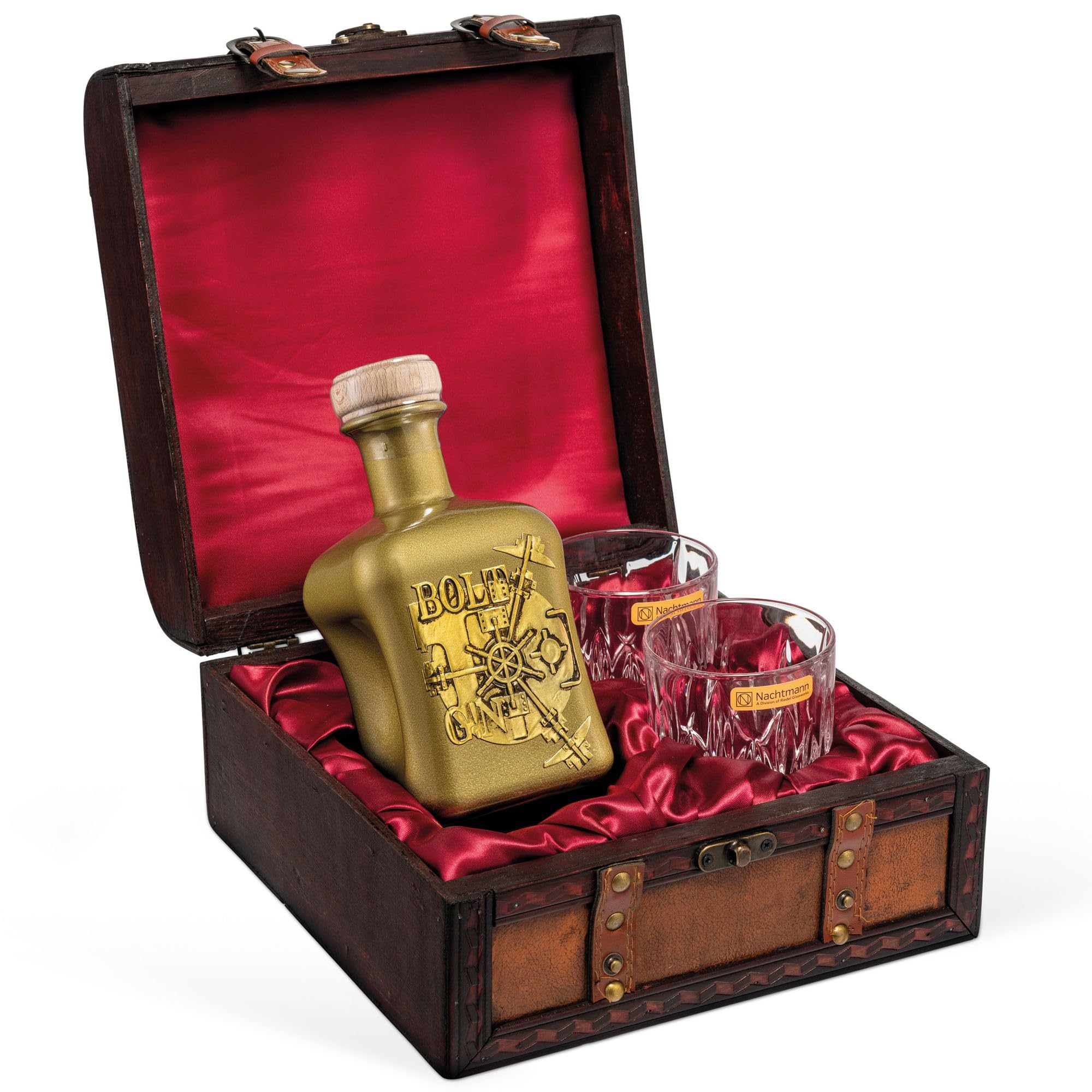 Gin Geschenkset Bolt G!N (0,5 l) mit 2 Nachtmann Tumblergläsern in antiker Kiste - Maison Privée