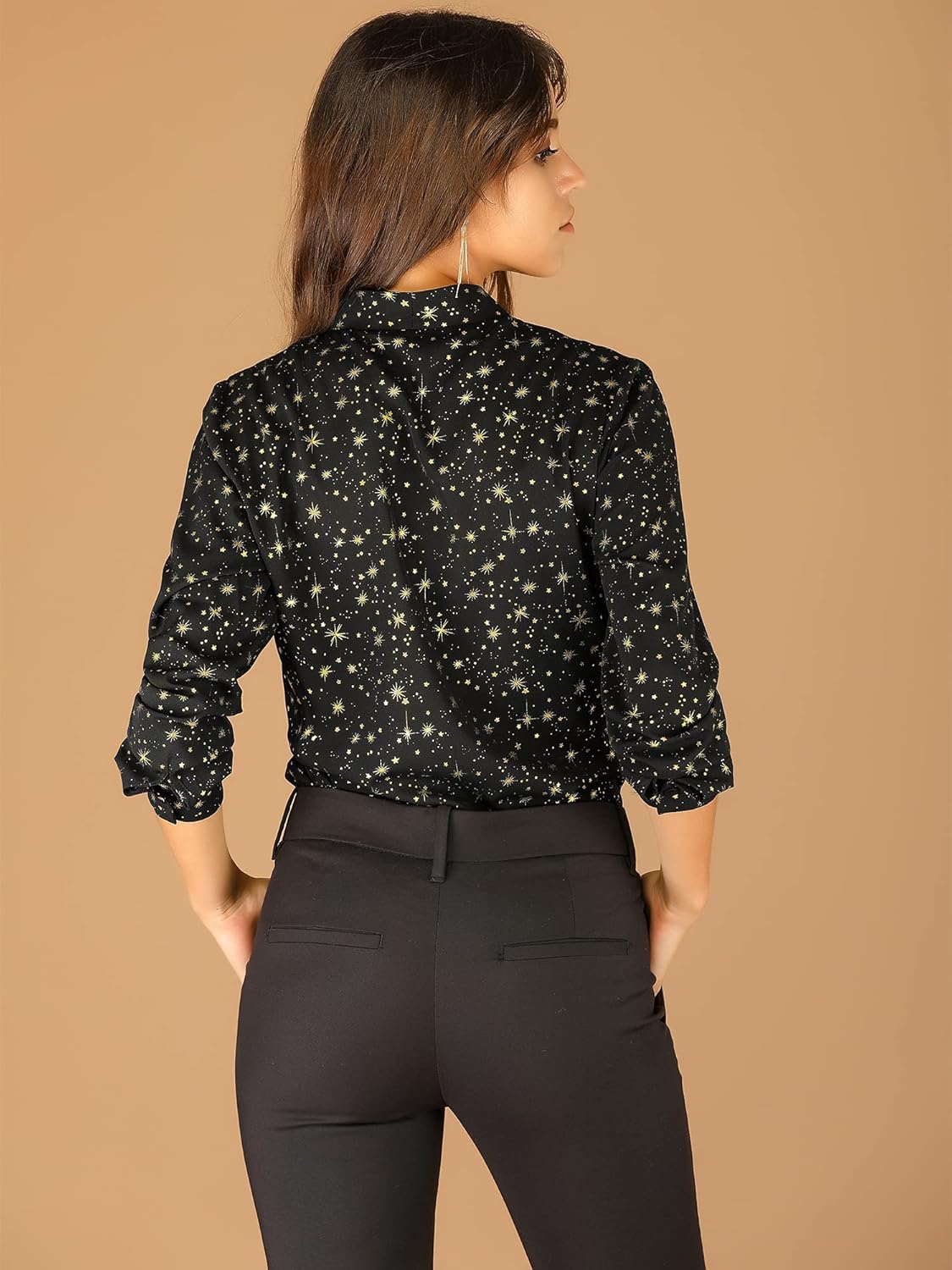 Allegra K Women's Metallic Star Blouse V Neck Long Sleeve Gilding Sparkly Top