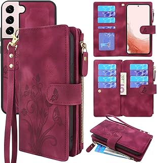 Lacass for Samsung Galaxy S22+ Plus Case [12 Card Slots] ID Credit Cash Holder Zipper Pocket Detachable Magnet Leather Wallet Cover Wrist Strap Lanyard Carrying Pouch(Floral Wine Red)